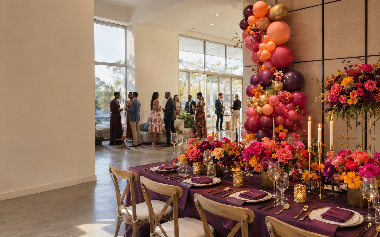Vibrant celebration table with flowers and balloons