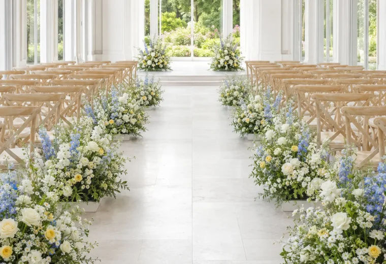 Finished luxury foam-free wedding aisle in a bright glass conservatory with low white, butter-yellow and pale-blue floral meadow arrangements