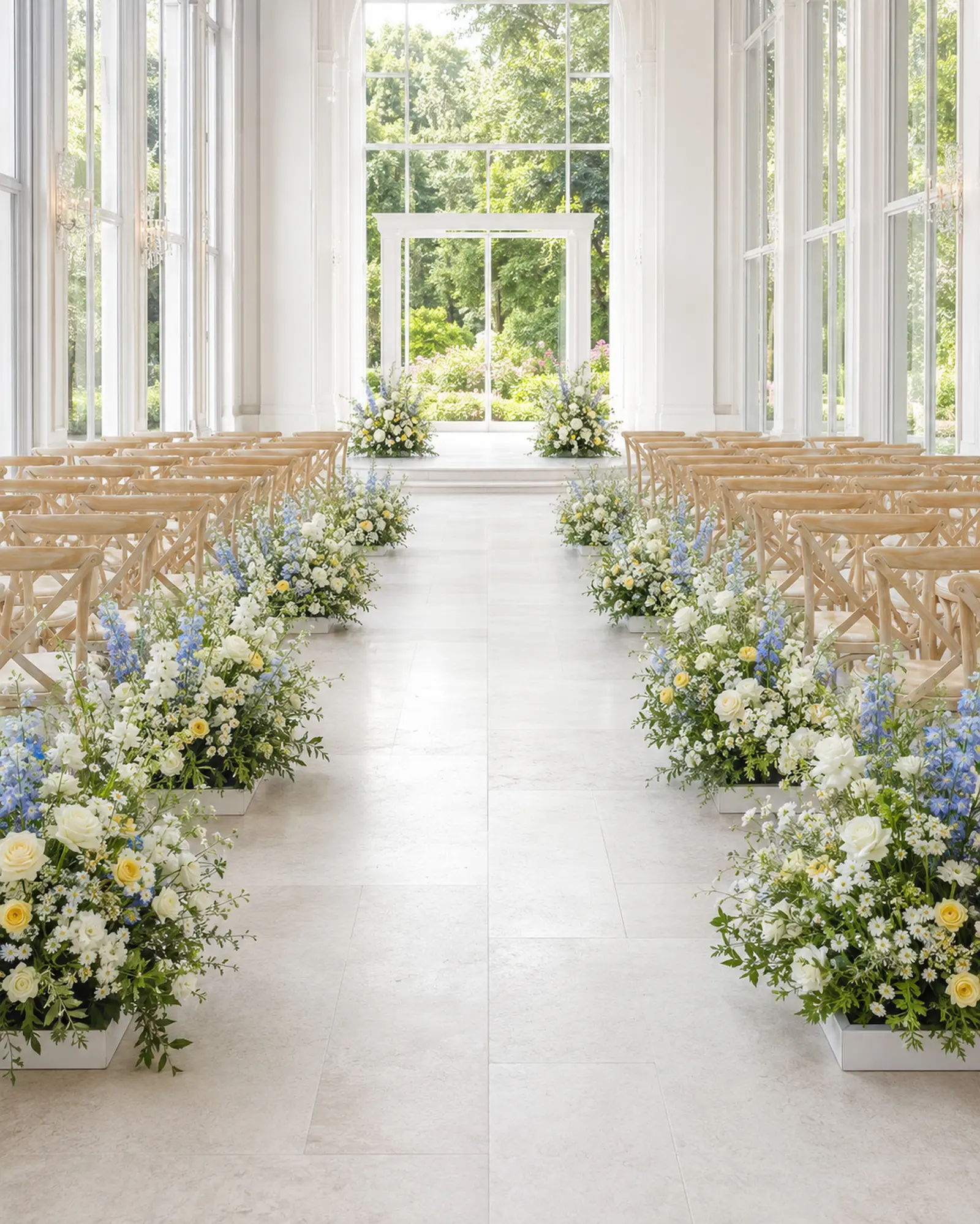 Finished luxury foam-free wedding aisle in a bright glass conservatory with low white, butter-yellow and pale-blue floral meadow arrangements