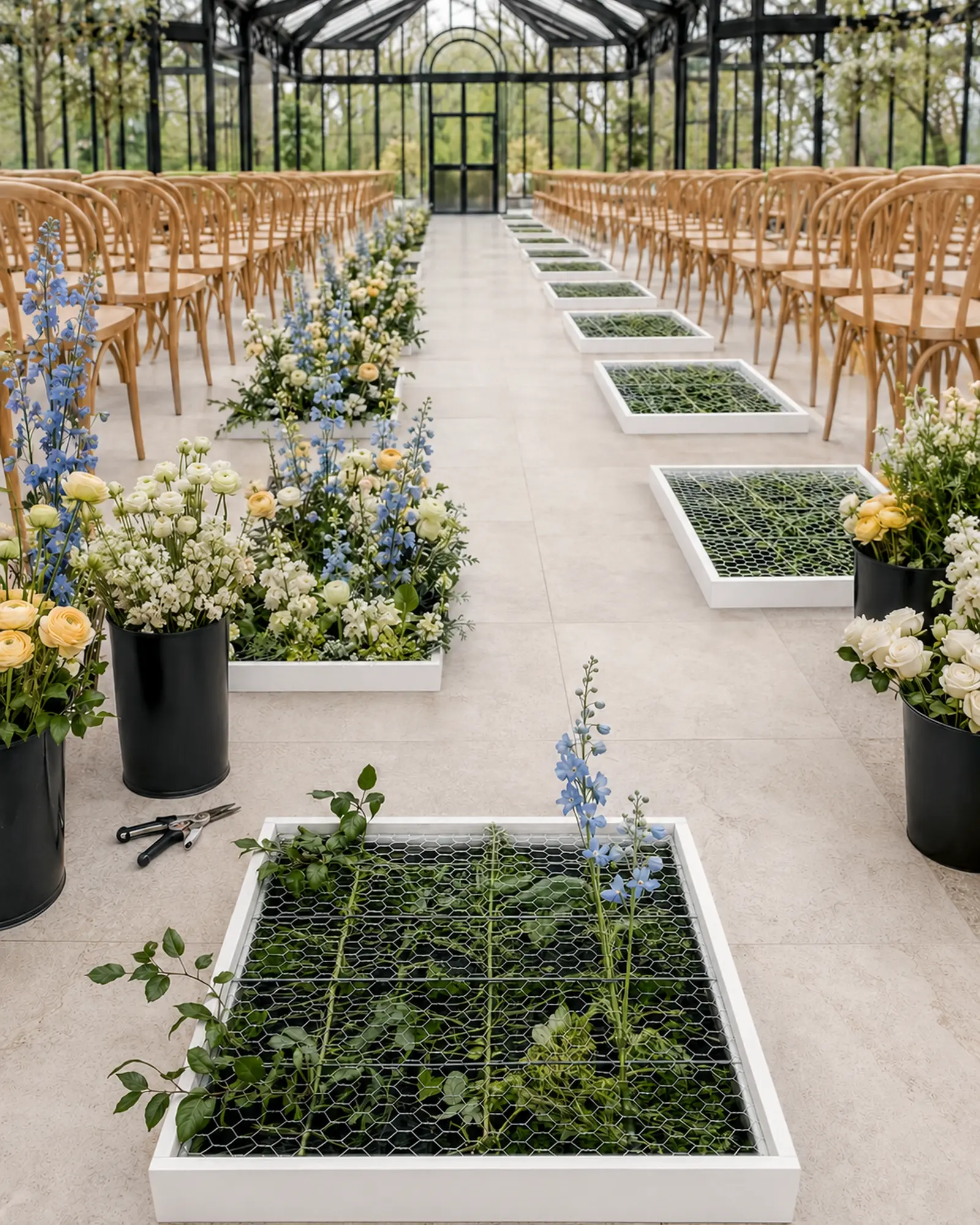 Half-completed wedding aisle with white floral meadow trays, visible reusable chicken-wire mechanics and buckets of white, yellow and blue flowers waiting outside the walkway