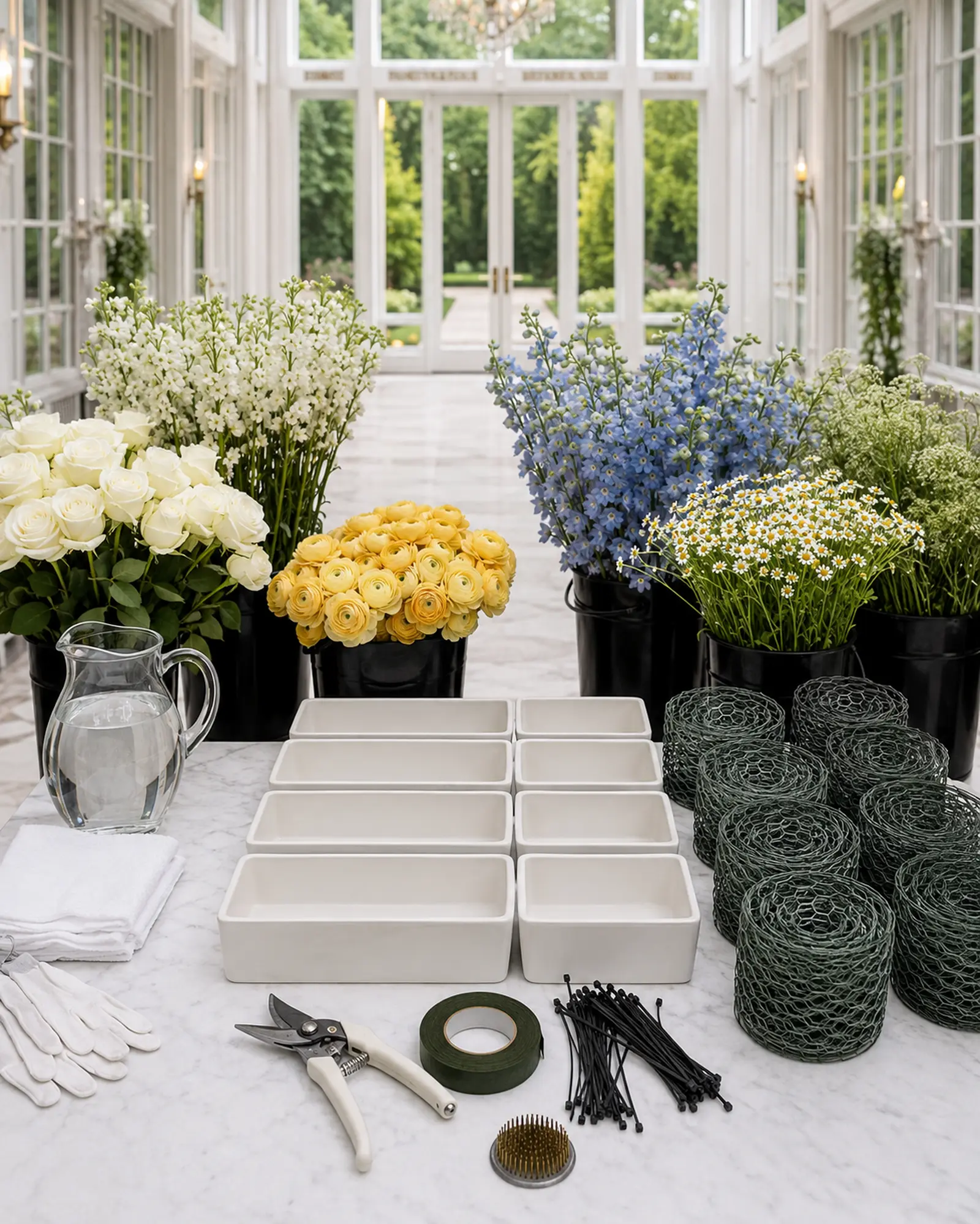 White trays, coated chicken wire, pin frogs, floral tape, cable ties, pruners, buckets and white, yellow and blue flowers organized before building wedding aisle meadows