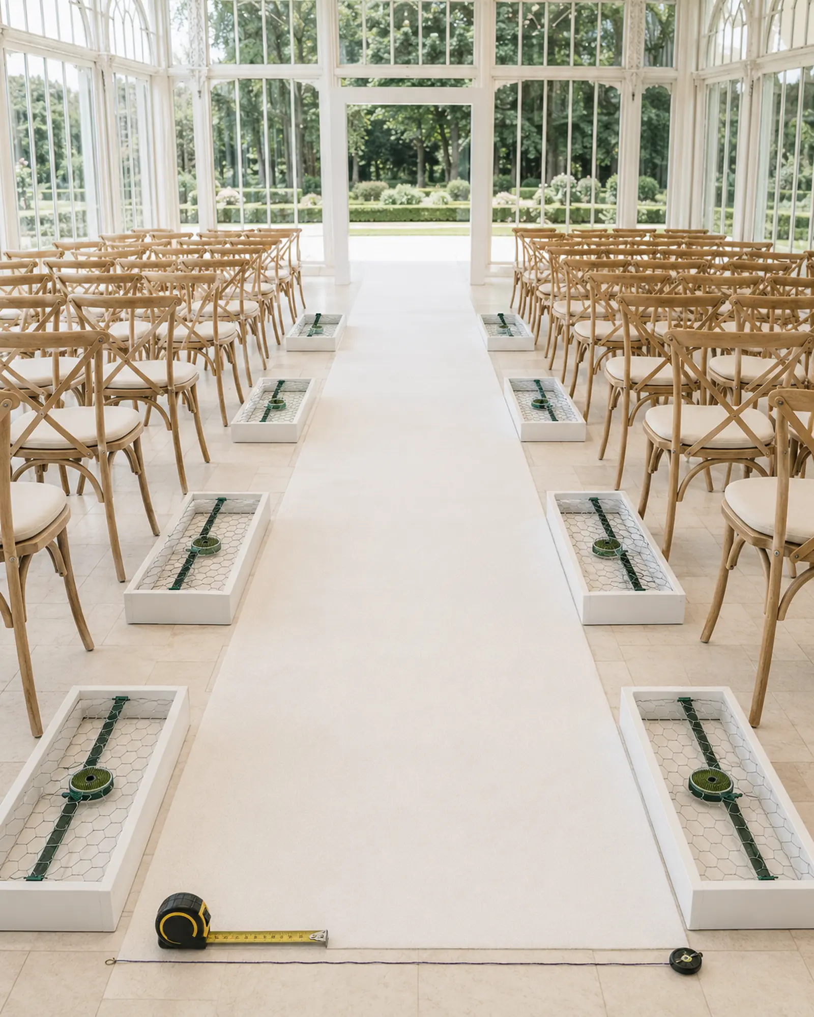 Empty white ceremony aisle with eight white rectangular trays containing secured chicken-wire and pin-frog mechanics placed safely outside the walking path