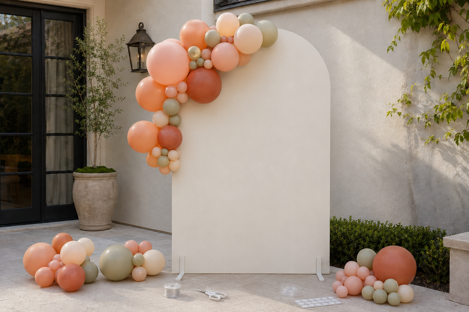 Partially assembled balloon garland secured to the upper-left side of a cream arch with extra clusters and tools nearby.