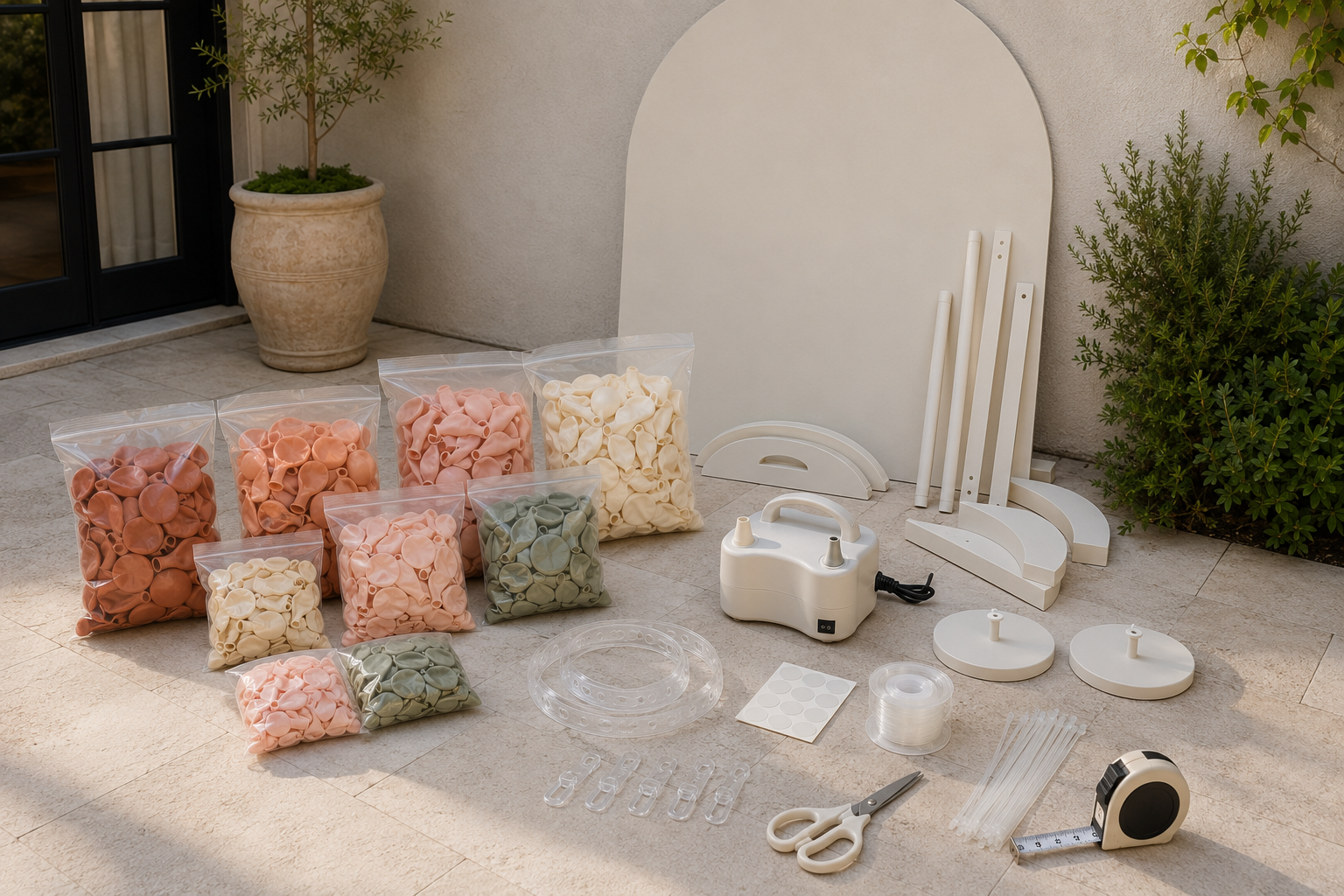 Balloons, electric pump, decorating strip, glue dots, clear line, ties, scissors, tape measure, weights and backdrop parts arranged before assembly.