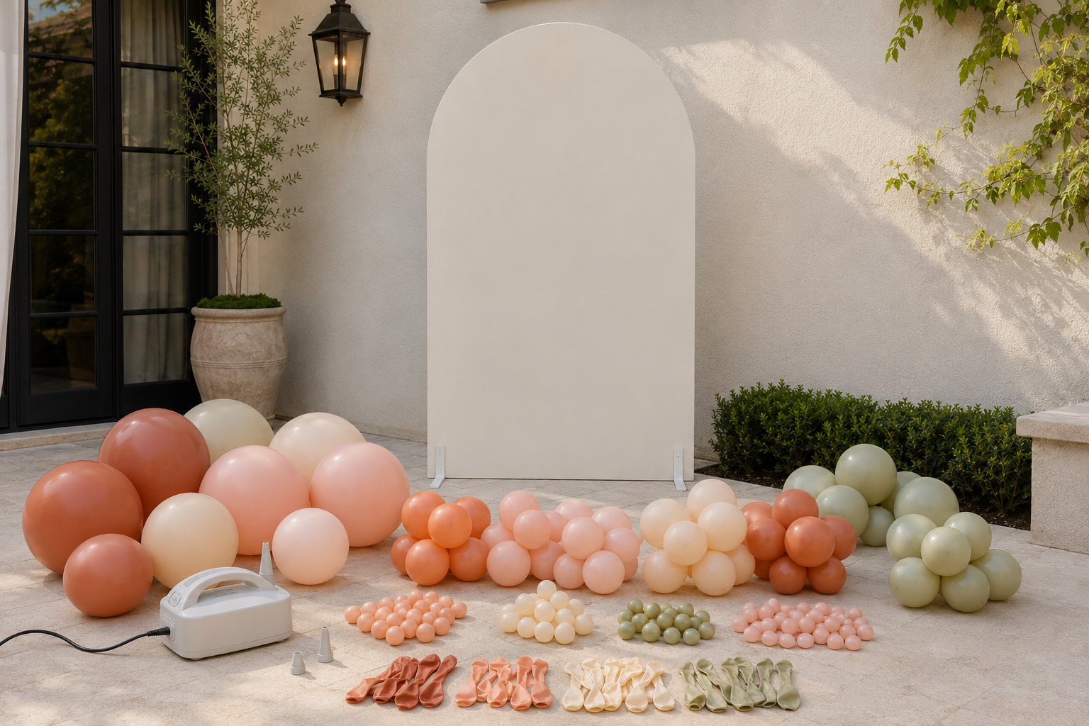 Inflated terracotta, peach, cream, blush and sage balloons organized by size in front of an undecorated weighted arch.