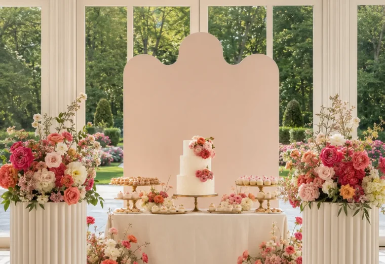 Finished birthday dessert table with scalloped backdrop, cream pedestals, coral flowers and gold stands