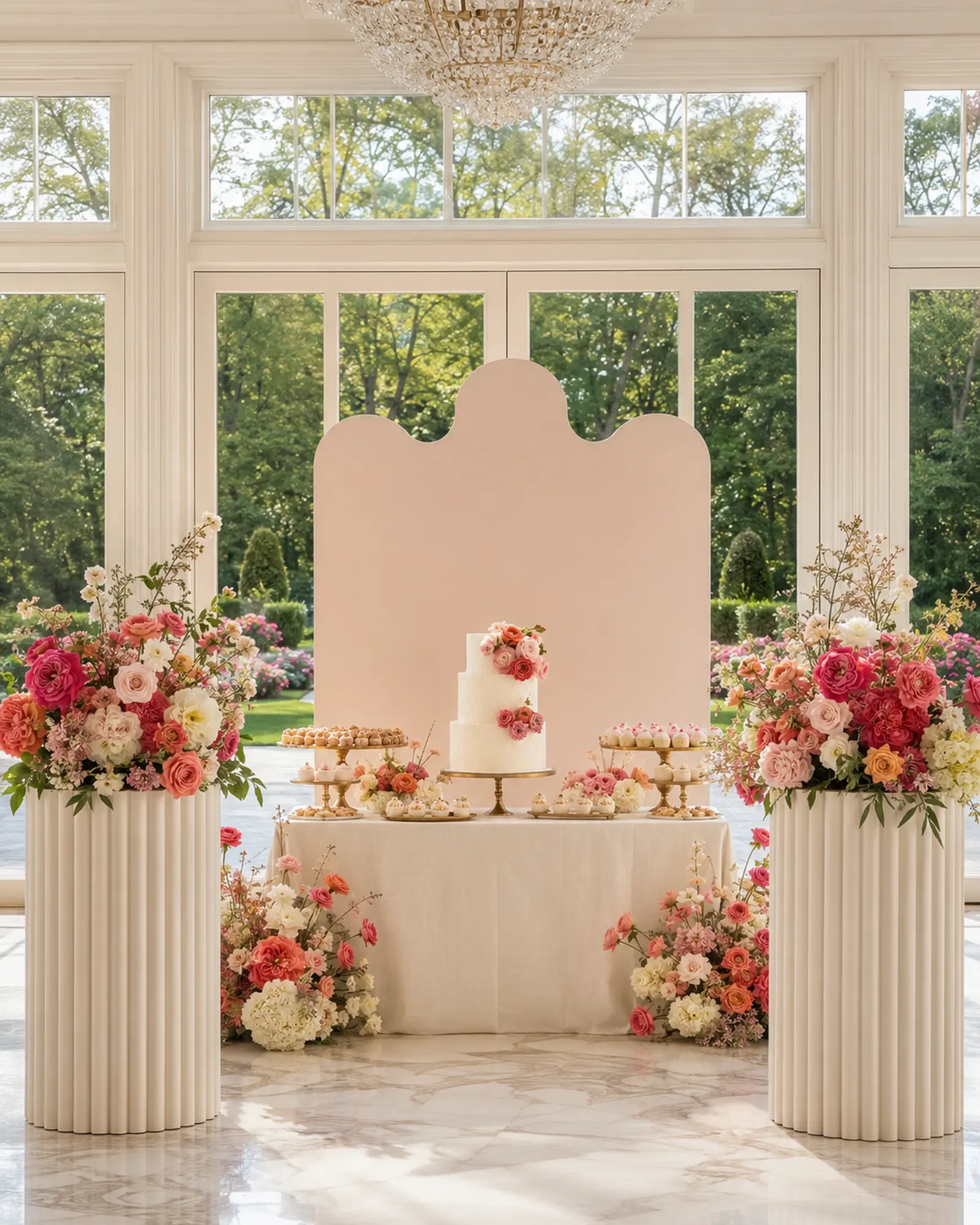 Finished birthday dessert table with scalloped backdrop, cream pedestals, coral flowers and gold stands