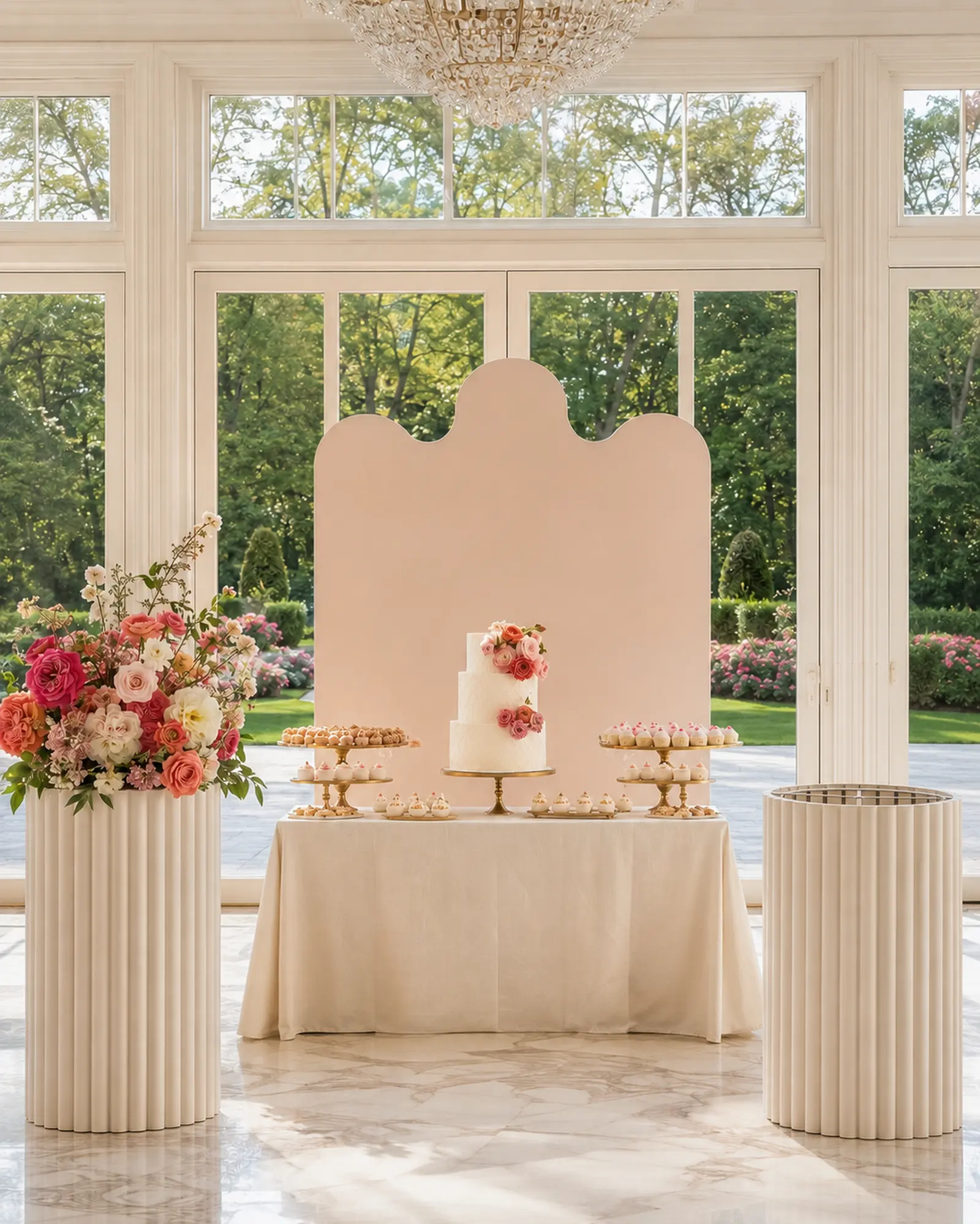 Halfway luxury birthday dessert table with cake, spaced desserts, one completed floral pedestal and visible open mechanics