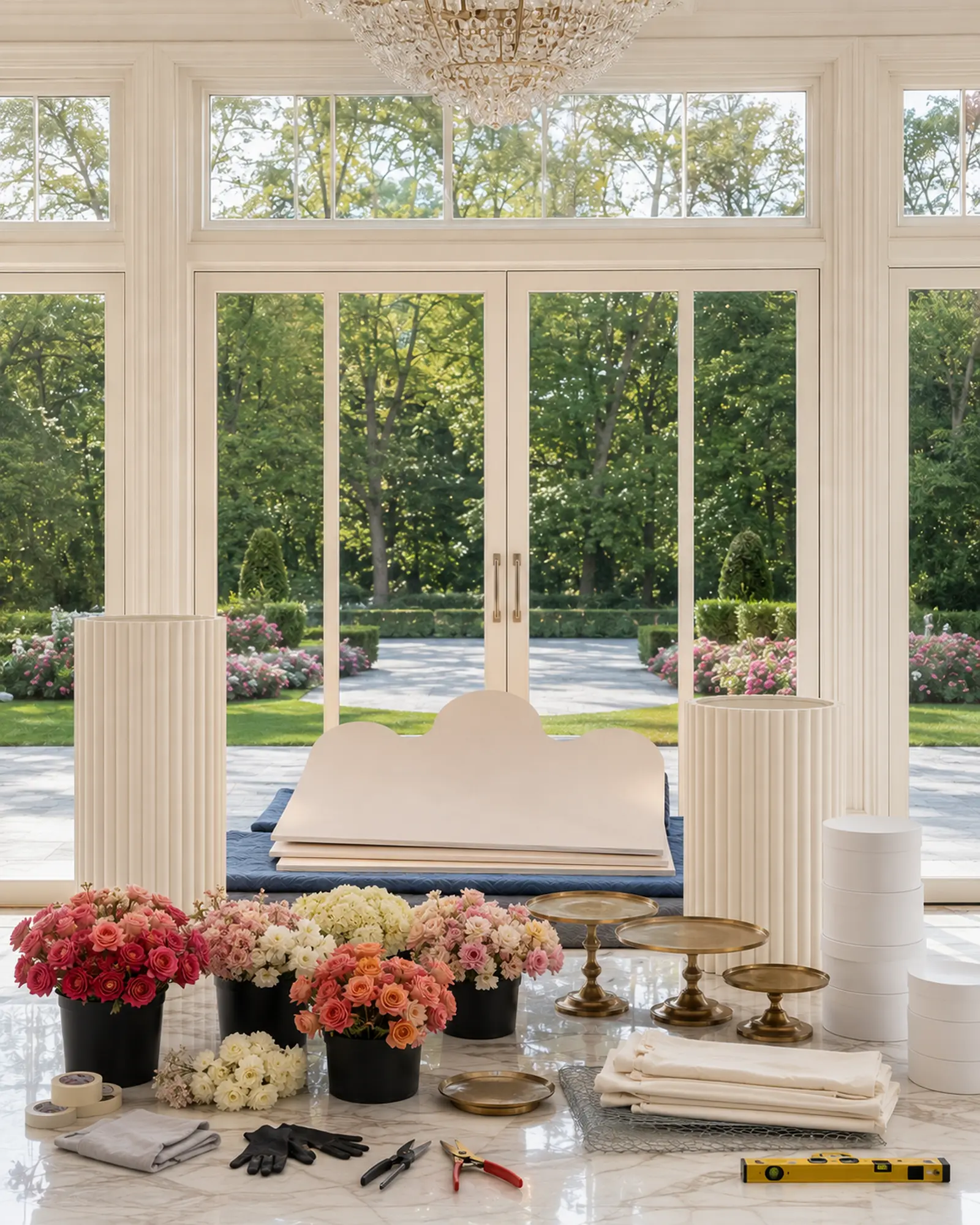 Birthday dessert table materials with scalloped panels, fluted pedestals, ivory linen, brass stands, floral tools and conditioned flowers