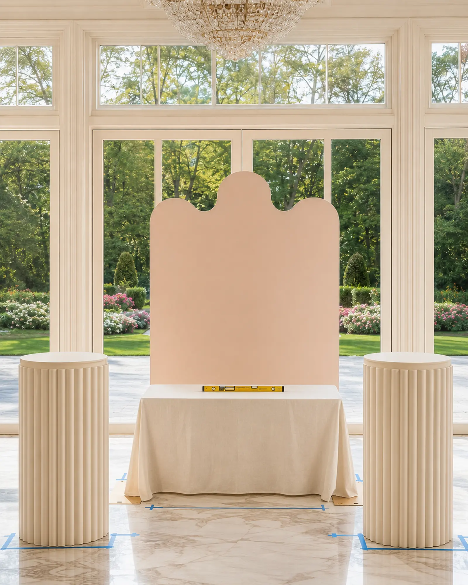Leveled scalloped backdrop, centered linen table and two empty fluted pedestals marked with measured floor positions