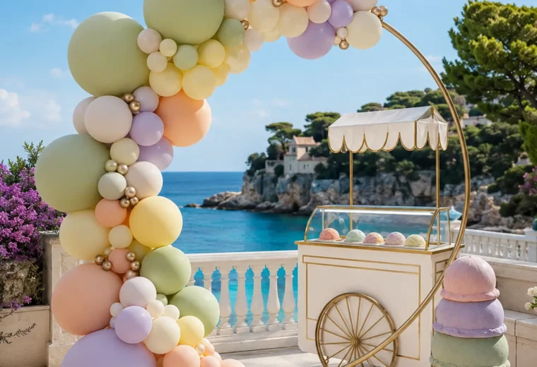 Finished pistachio peach lavender yellow and ivory balloon hoop with gelato cart on a coastal terrace