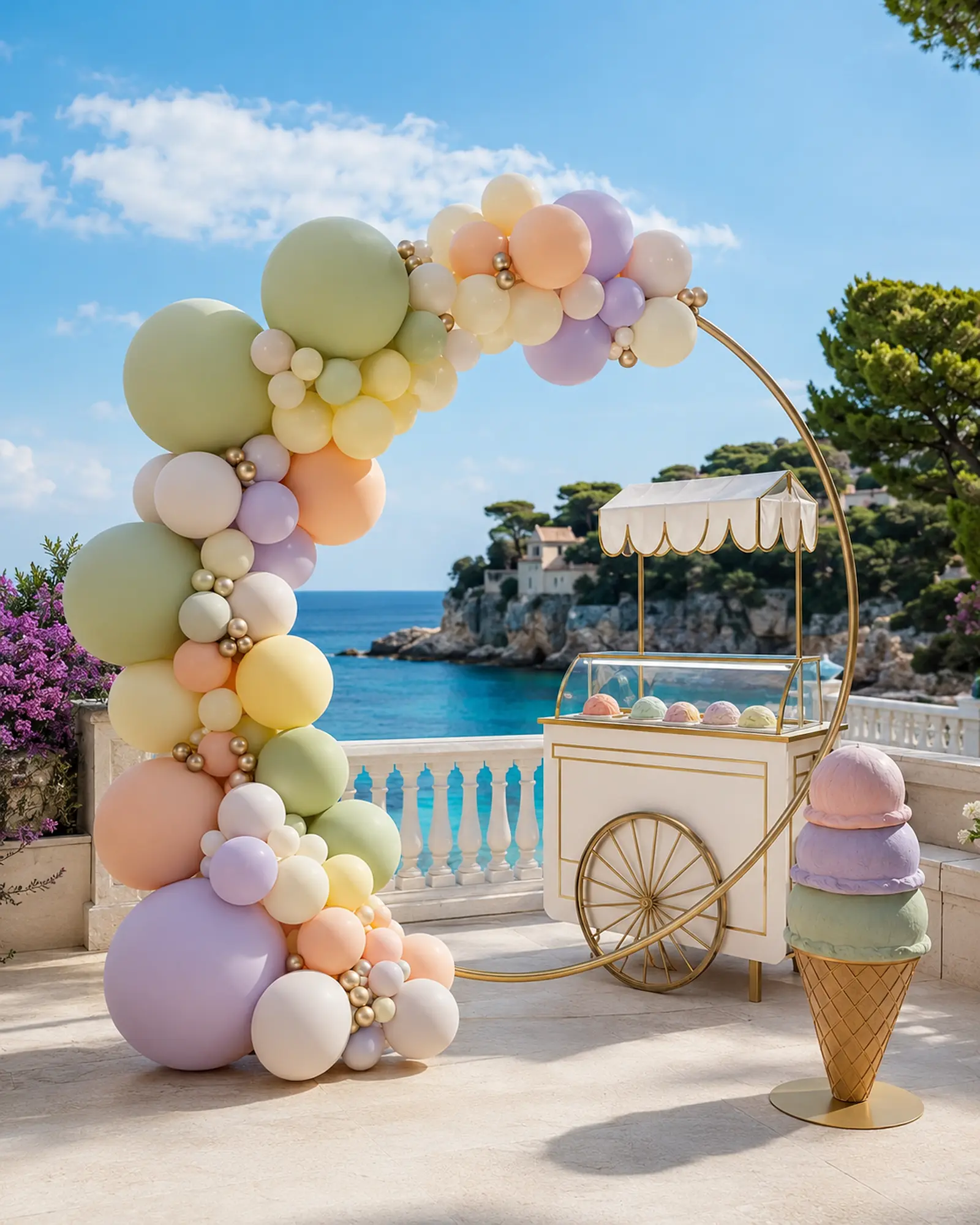 Finished pistachio peach lavender yellow and ivory balloon hoop with gelato cart on a coastal terrace