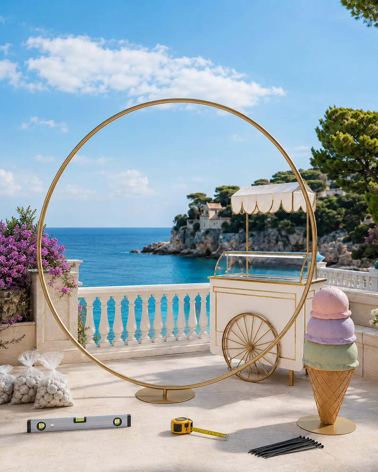 Empty seven-foot champagne gold balloon hoop with weighted base, level and tape measure beside a gelato cart