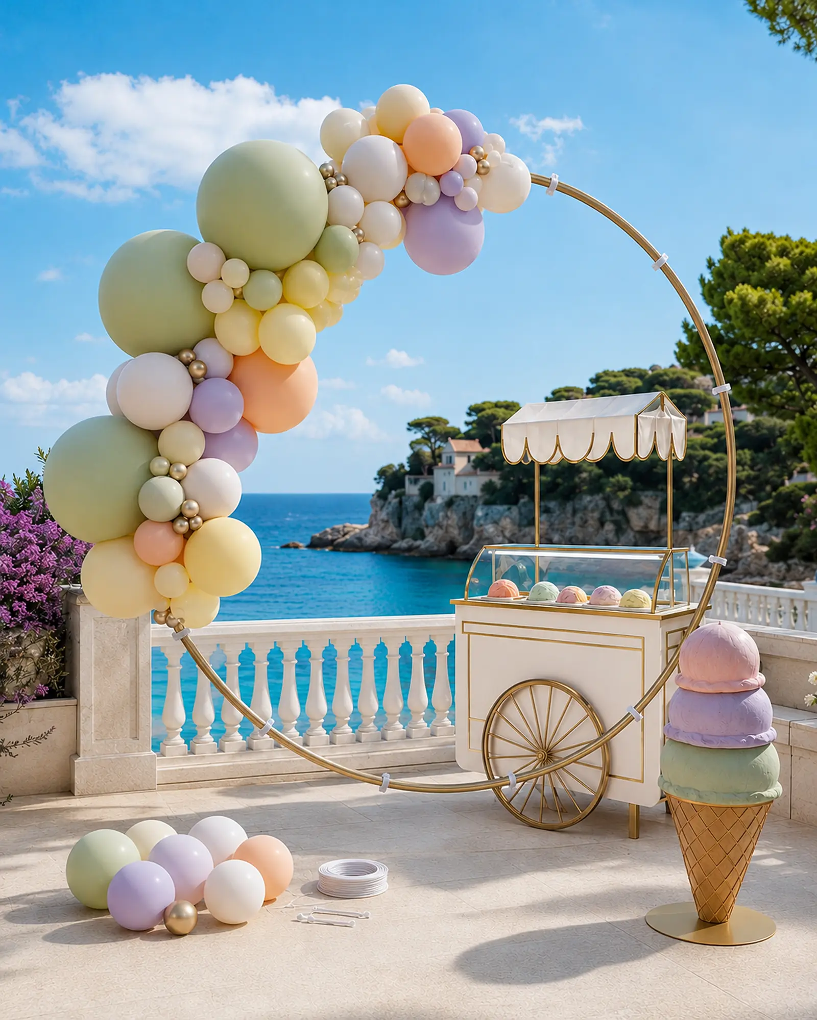 Half-installed pastel gelato balloon hoop showing reusable attachment ties and an open right side