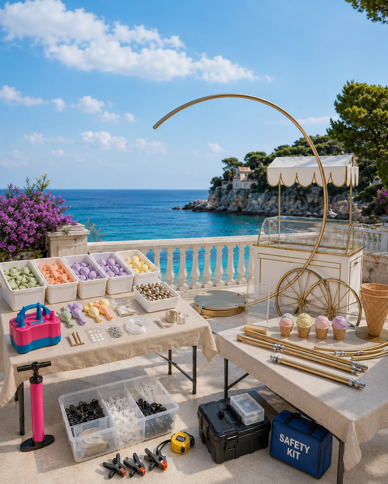 Pastel gelato balloon hoop supplies organized on a coastal terrace with hoop parts, balloons, pumps, connectors and safety tools