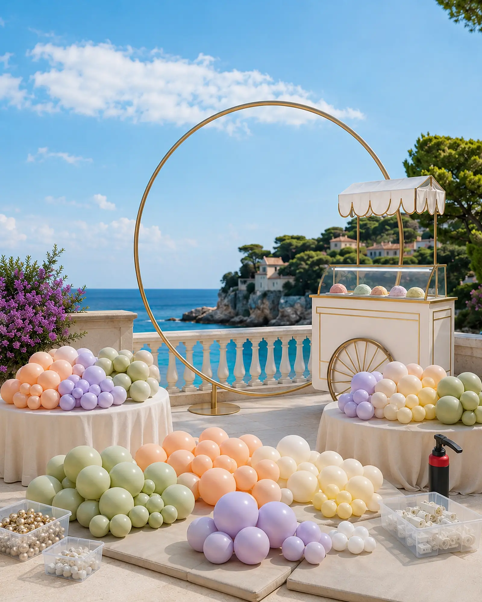 Pistachio peach lavender yellow and ivory balloons sorted by size into short buildable garland sections beside the empty hoop