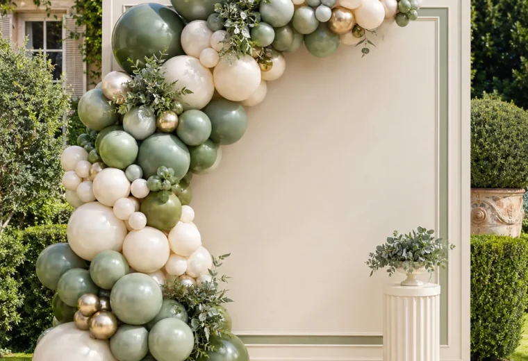 Finished luxury green ivory and champagne organic balloon wall on an ivory rectangular backdrop at a bright garden terrace