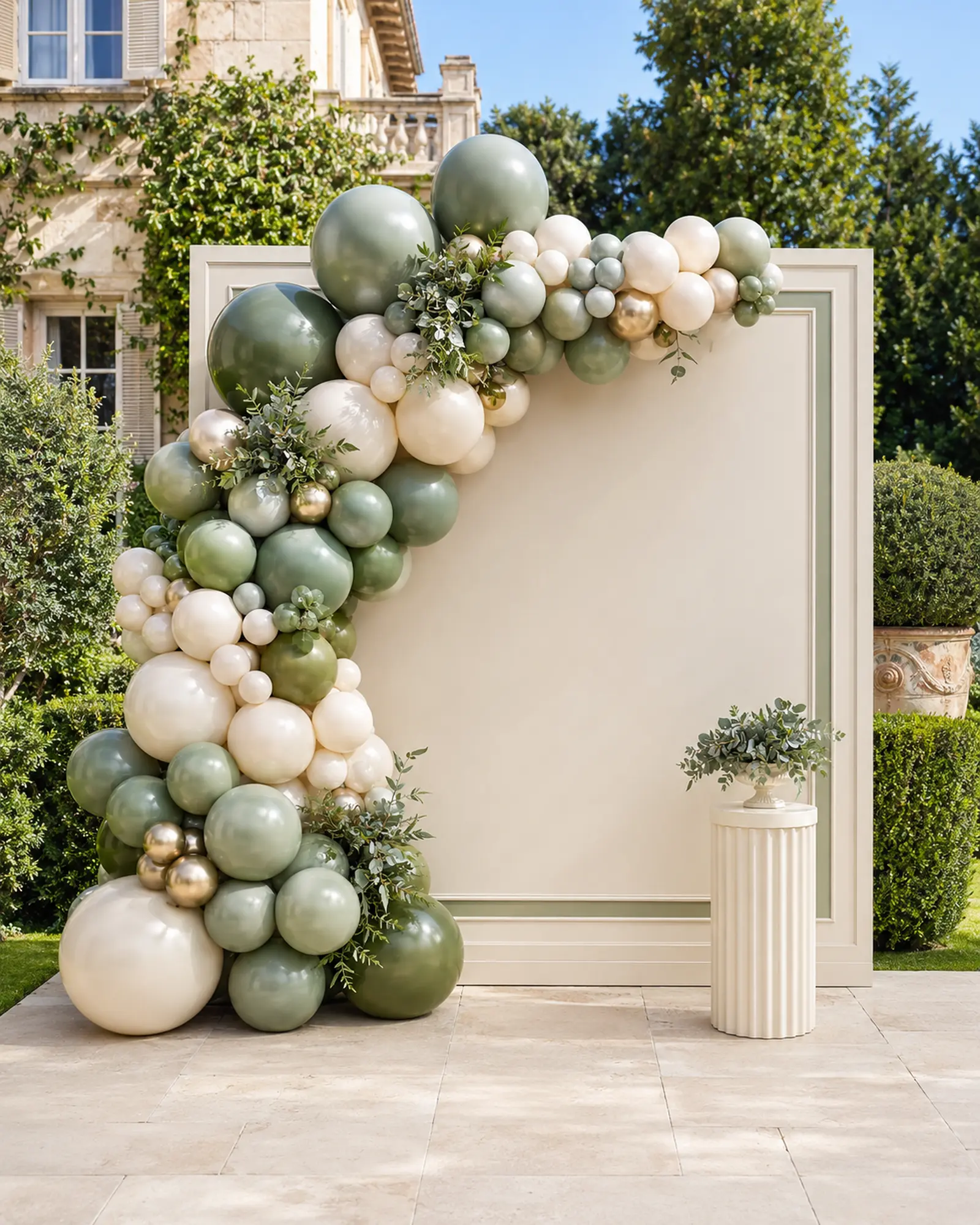 Finished luxury green ivory and champagne organic balloon wall on an ivory rectangular backdrop at a bright garden terrace