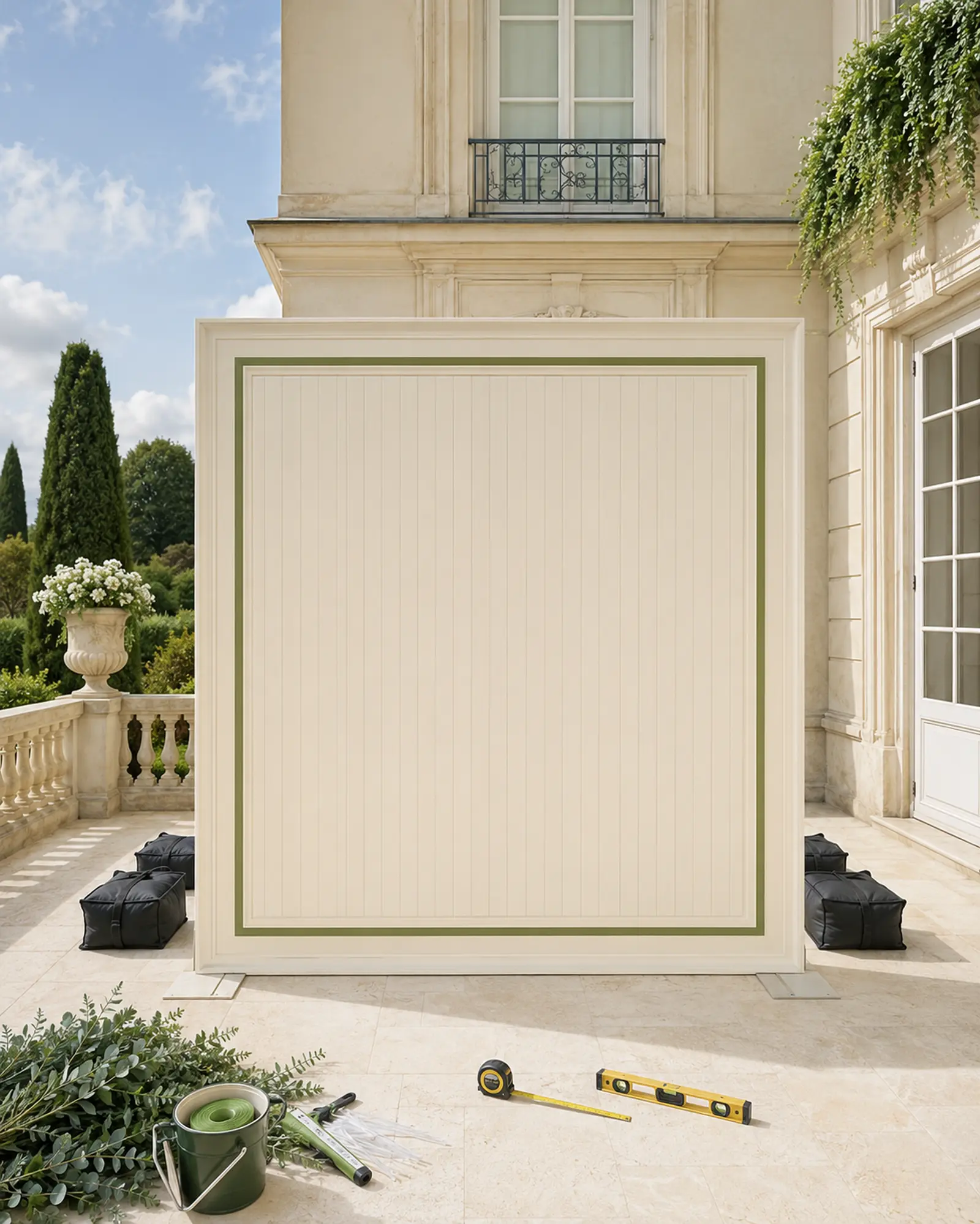 Empty weighted rectangular ivory backdrop with stable bases, ballast and measuring tools on a garden terrace
