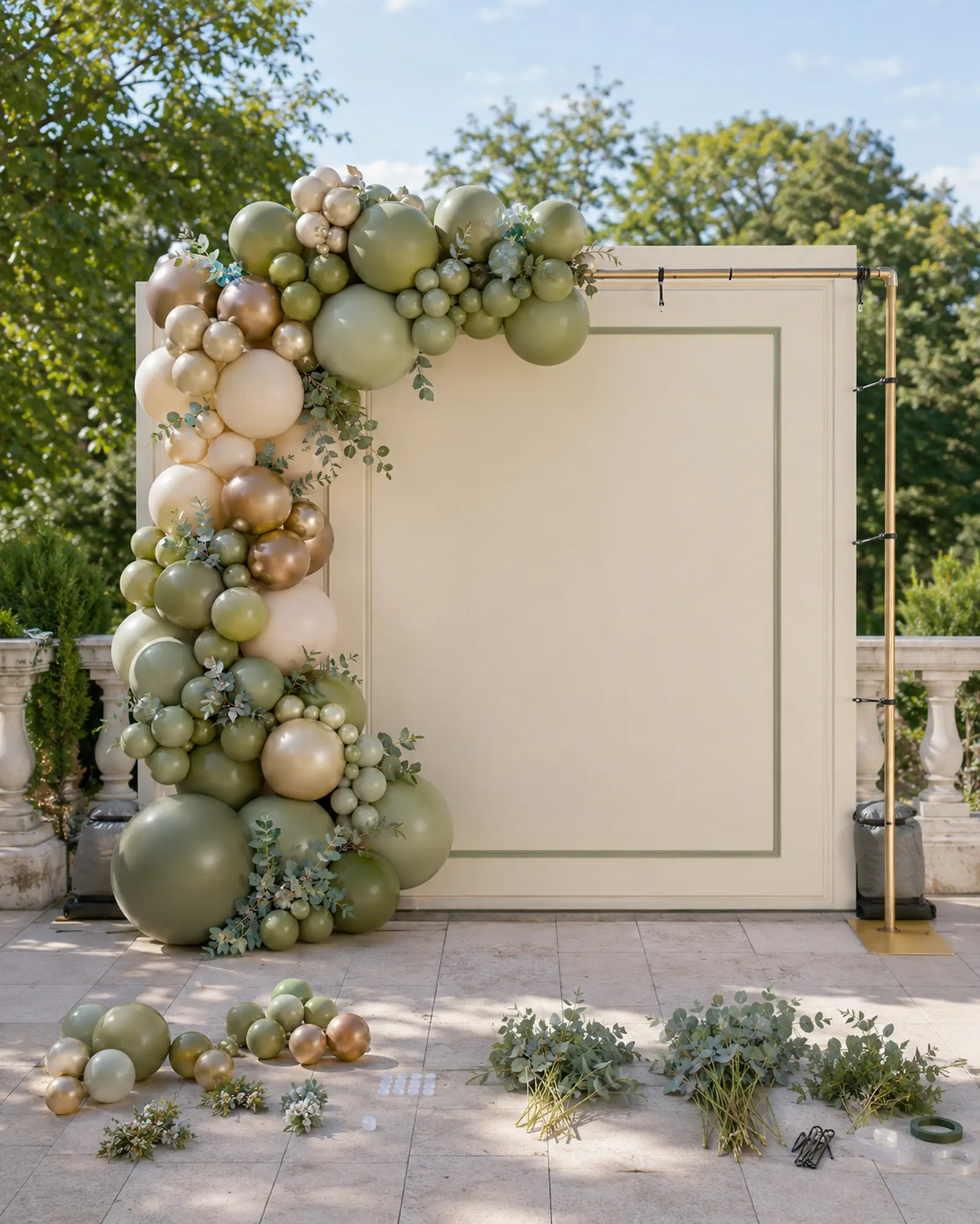 Half-installed green organic balloon wall showing secure attachment points and open areas awaiting filler balloons