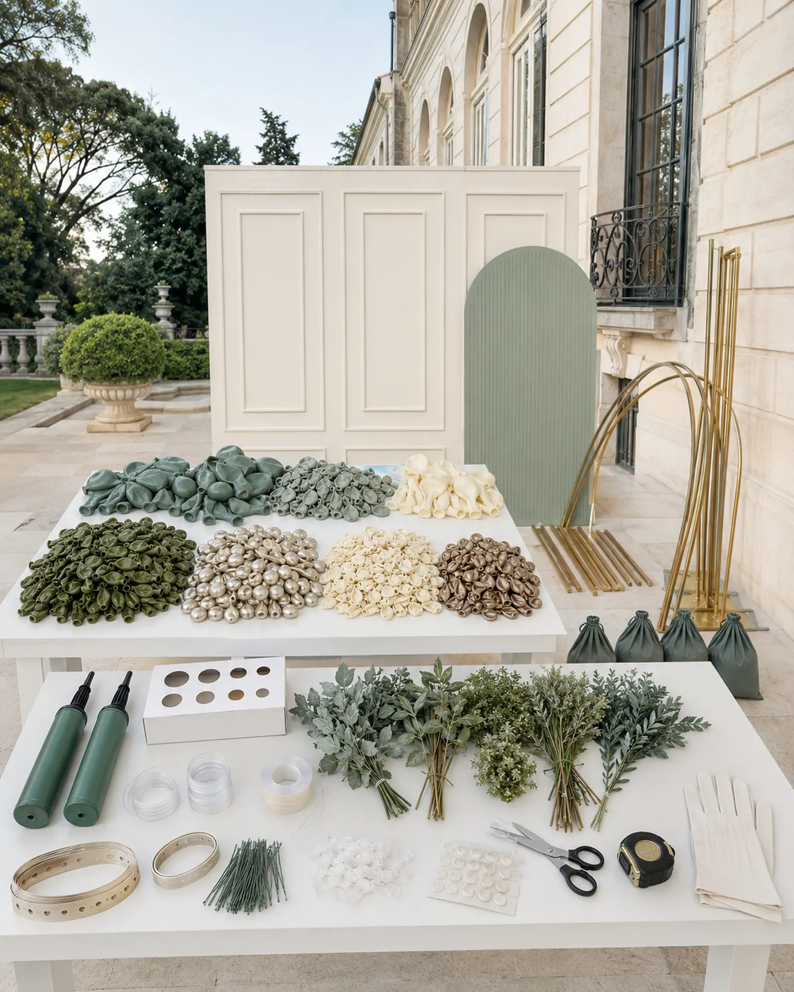 Eucalyptus, sage, ivory, olive and champagne balloons with pump, attachment supplies and greenery organized before assembly