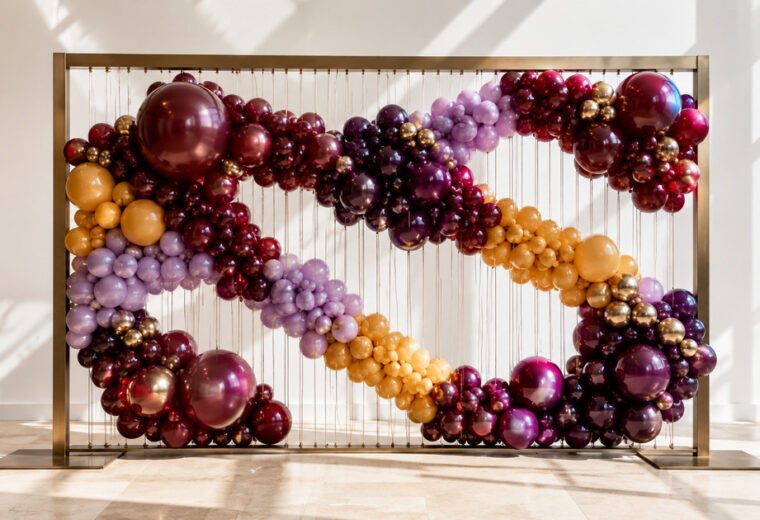 Full jewel-tone balloon tapestry woven across a freestanding matte-brass loom frame in a bright fashion atelier.