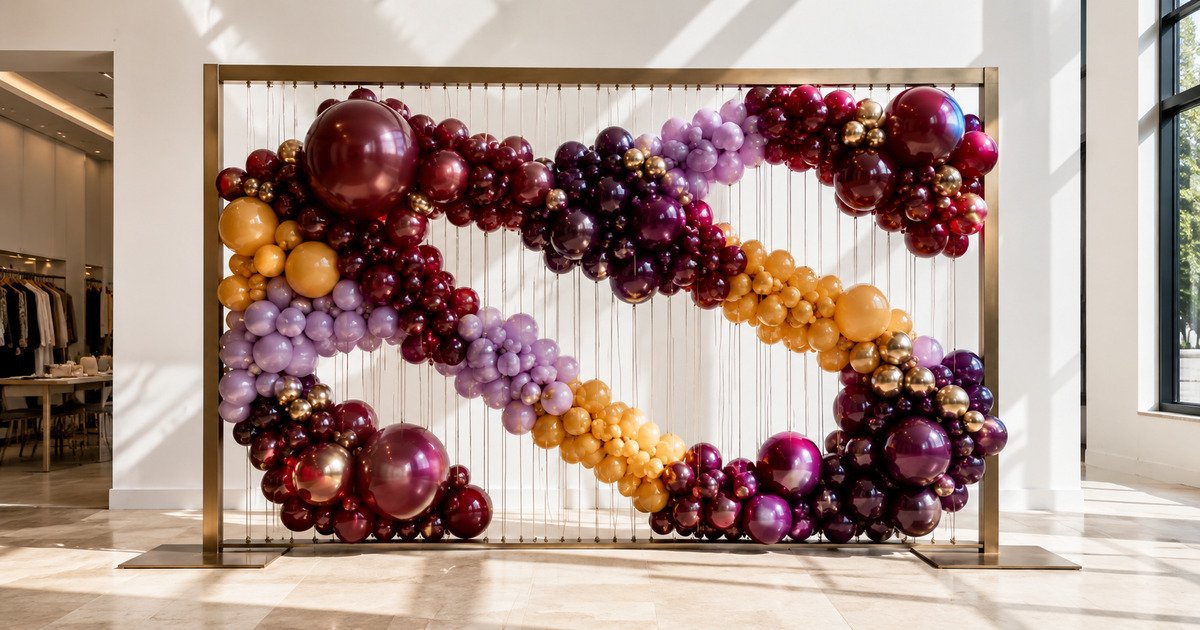 Full jewel-tone balloon tapestry woven across a freestanding matte-brass loom frame in a bright fashion atelier.