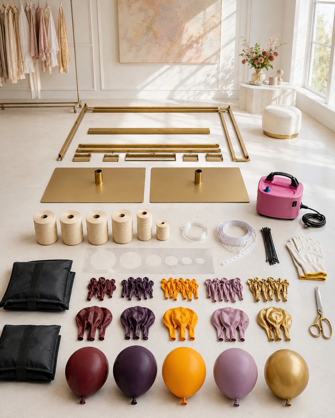 Jewel-tone balloons, brass loom frame parts, cords, ballast, pump and installation tools arranged for the balloon tapestry project.