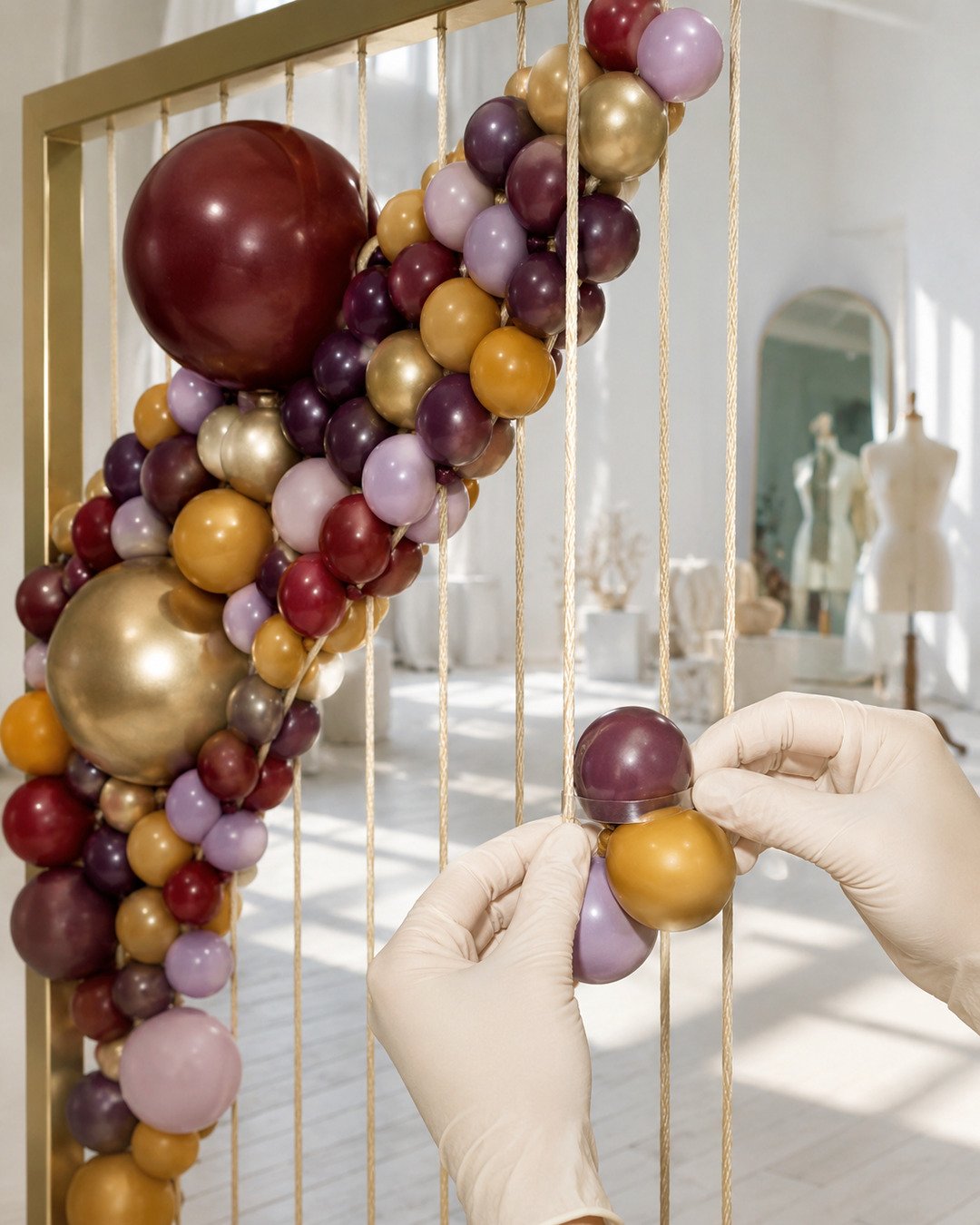 Gloved hands attaching burgundy, plum, saffron, lilac and gold balloon clusters between vertical loom cords.