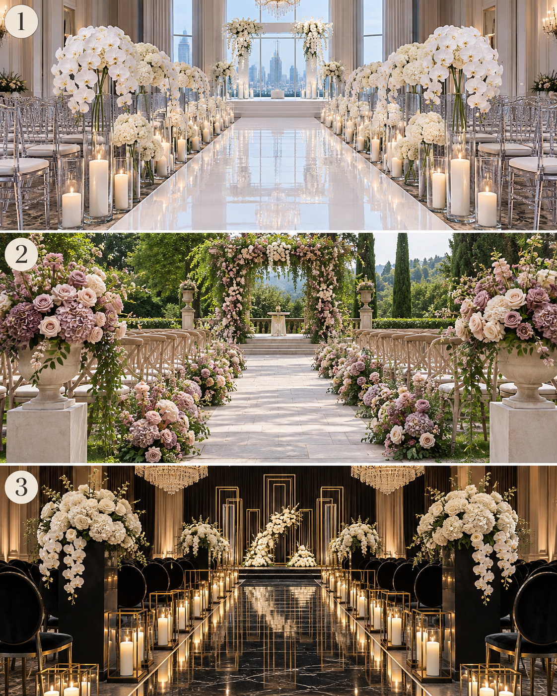 Three numbered luxury wedding aisles: white orchid ballroom, blush garden ceremony, and black ivory champagne ballroom