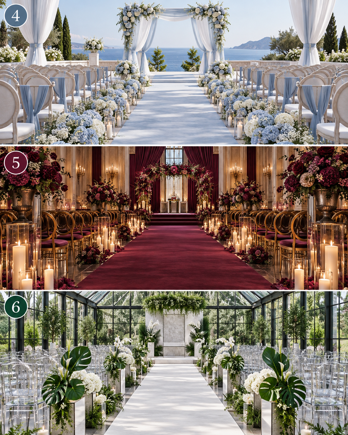 Three numbered luxury wedding aisles: coastal blue and white, burgundy plum and gold, and emerald ivory greenhouse