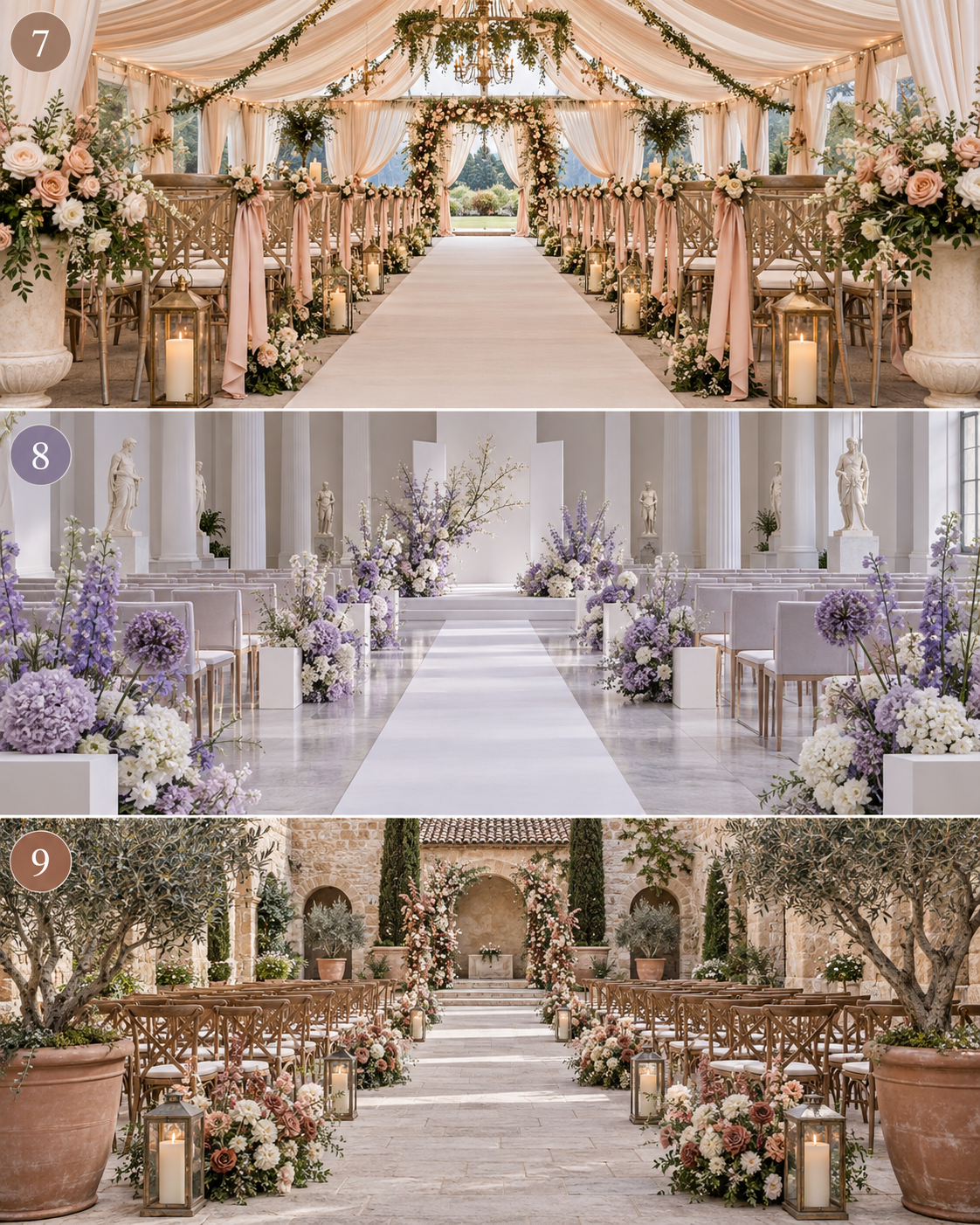 Three numbered luxury wedding aisles: peach cream tent, lavender museum ceremony, and terracotta dusty rose courtyard