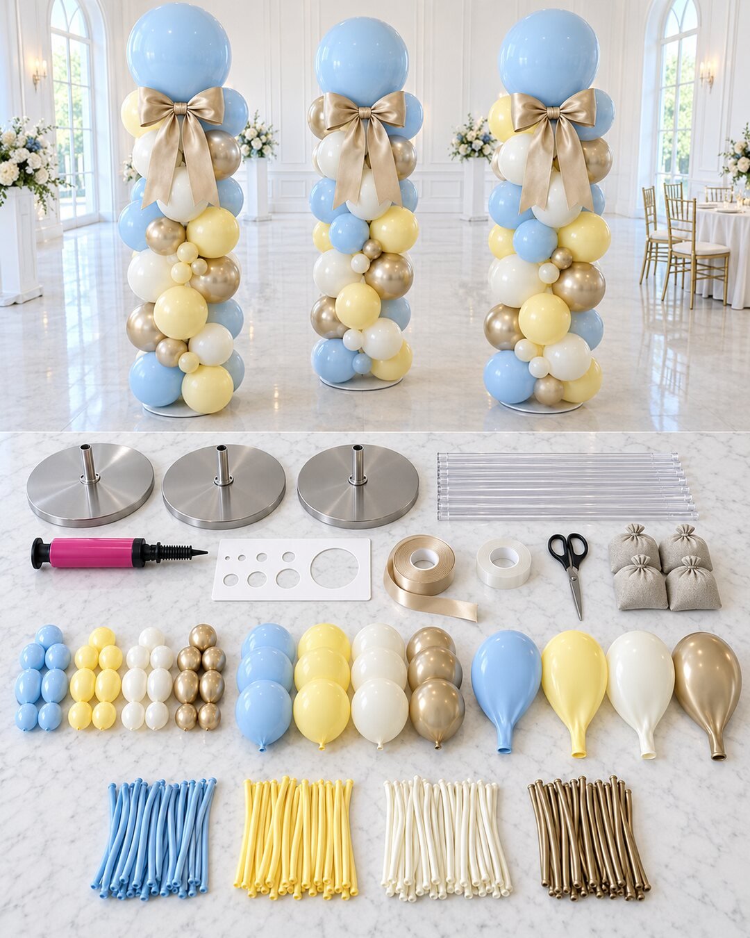 Supplies for three freestanding bow-tied balloon columns