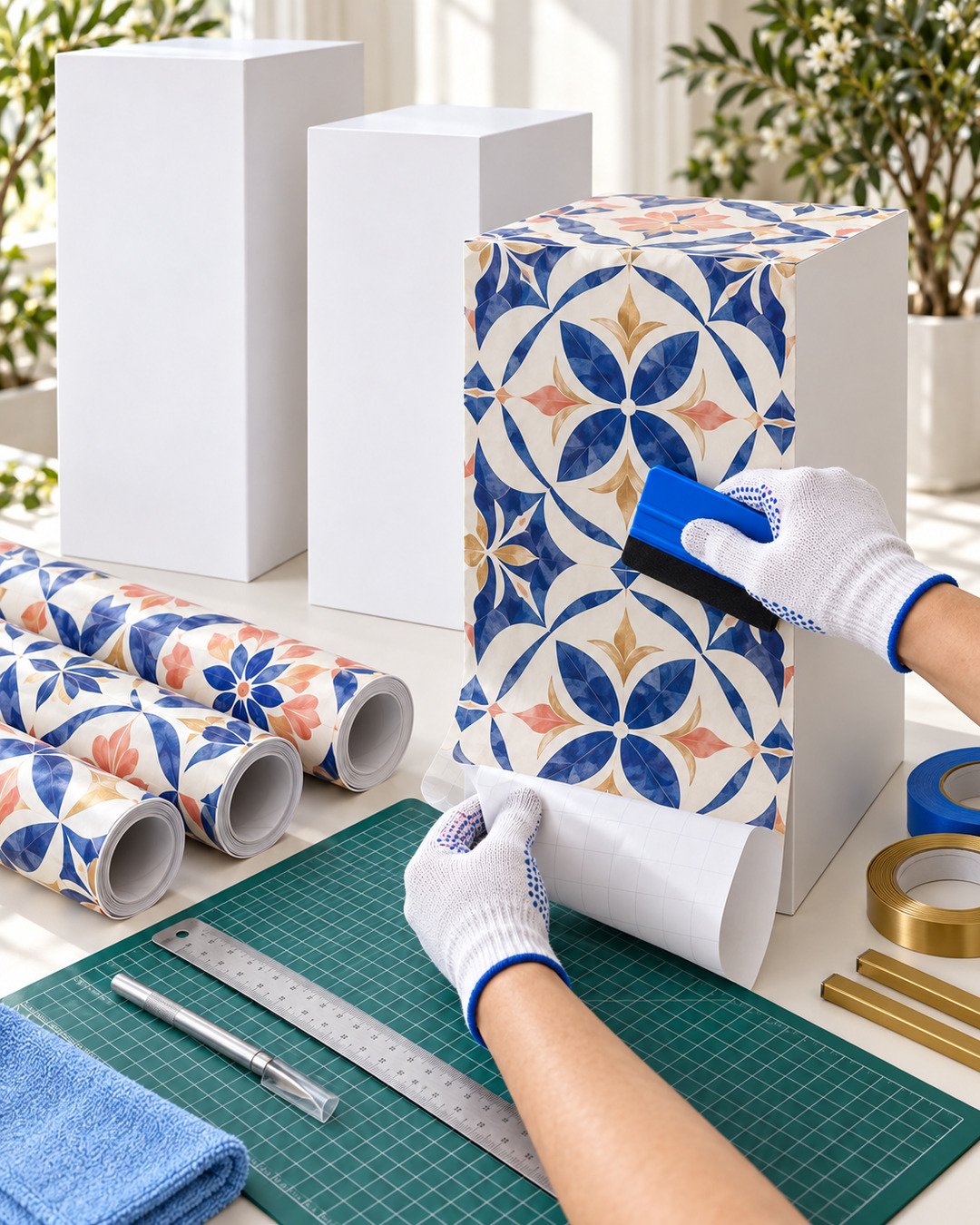 Decorator smoothing Mediterranean-pattern adhesive vinyl onto a white rectangular dessert plinth with a felt-edge squeegee