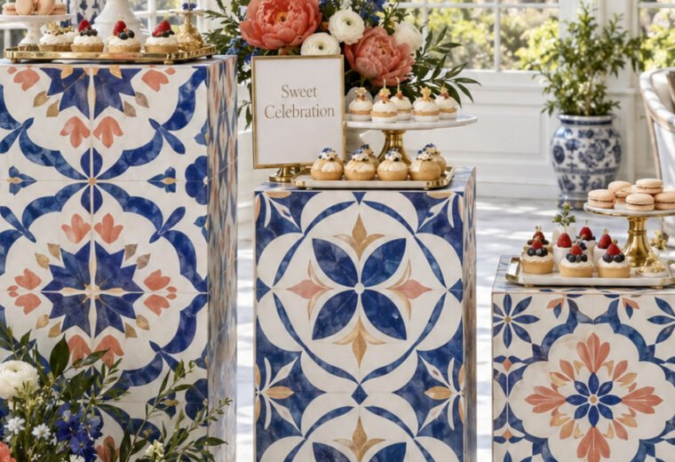 Finished cobalt, coral and ivory Mediterranean tile-inspired dessert plinth display