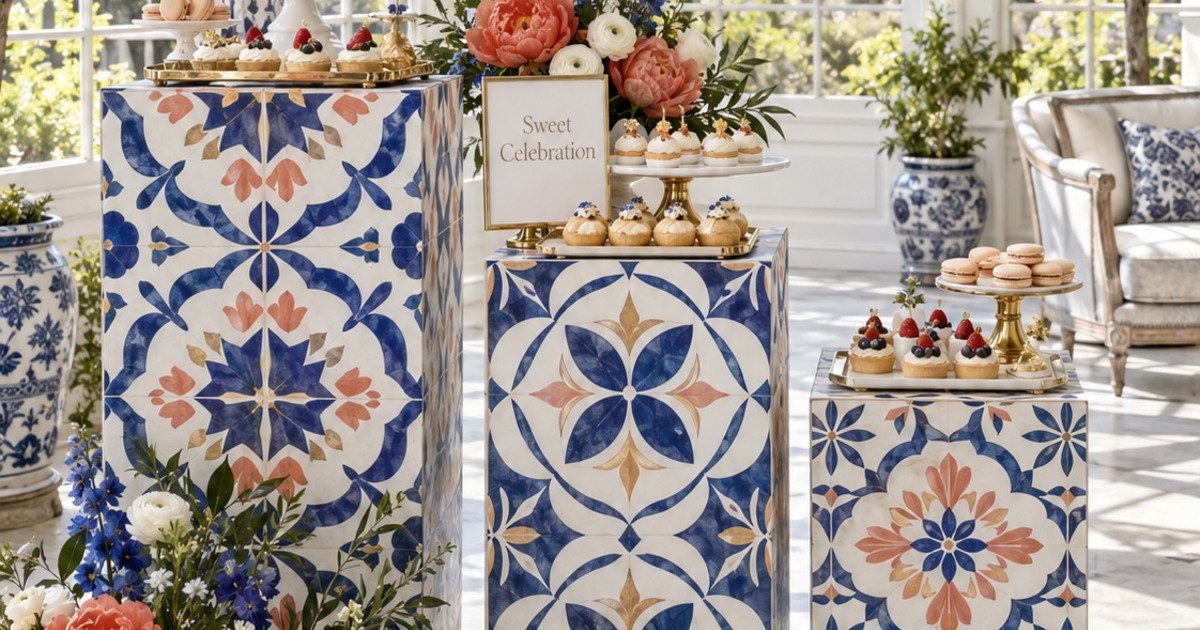 Finished cobalt, coral and ivory Mediterranean tile-inspired dessert plinth display