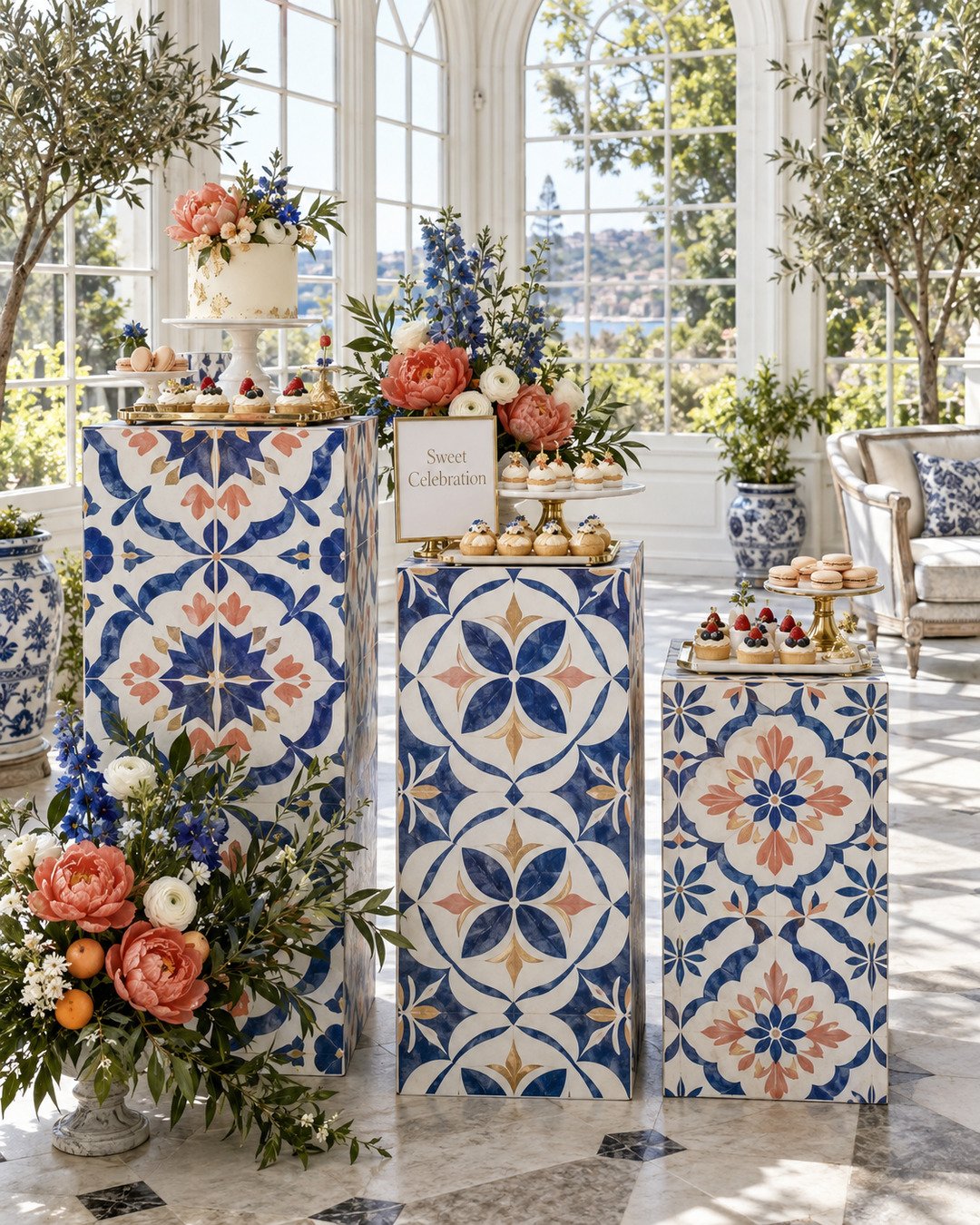 Finished cobalt, coral and ivory Mediterranean tile-inspired dessert plinth display in a bright conservatory