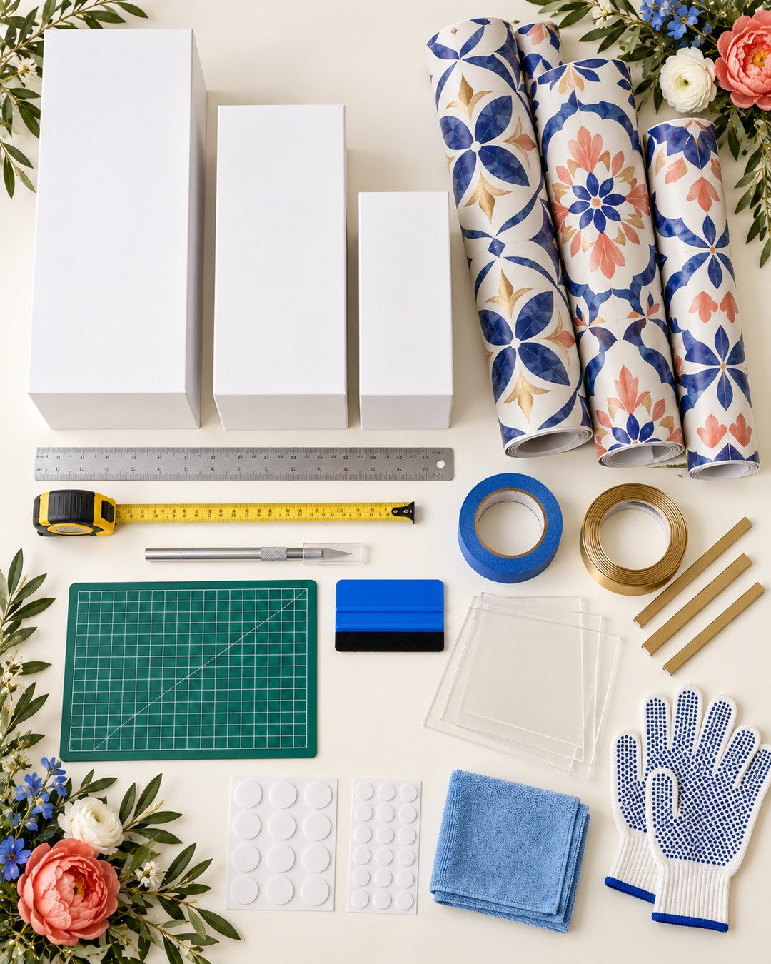 Materials for Mediterranean tile-inspired dessert plinths including white pedestal boxes, patterned removable vinyl, cutting tools, clear acrylic tops and nonslip pads