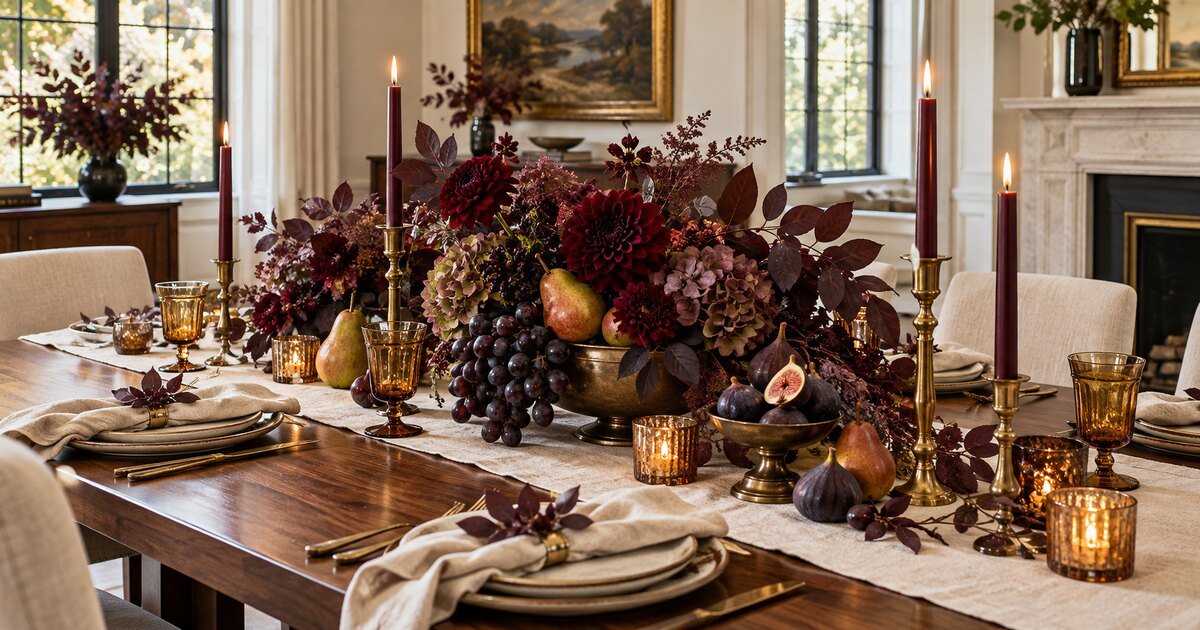 Elegant burgundy, plum, ivory and antique-brass fall centerpiece tablescape