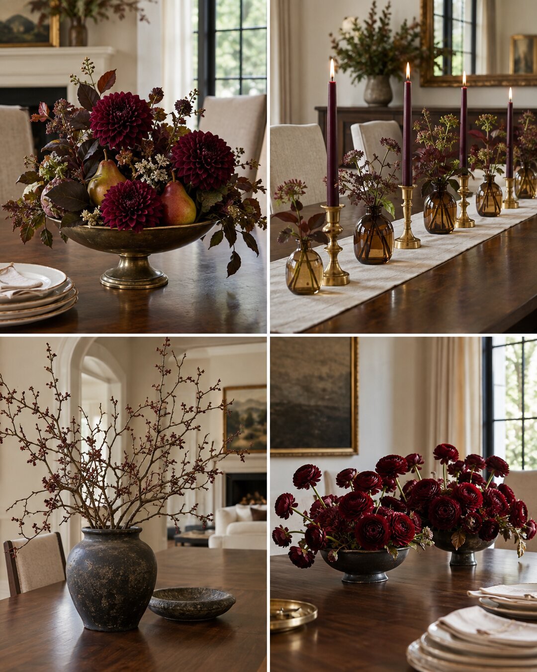Four elegant fall centerpiece ideas labeled 1 through 4 in burgundy, plum, amber and antique brass