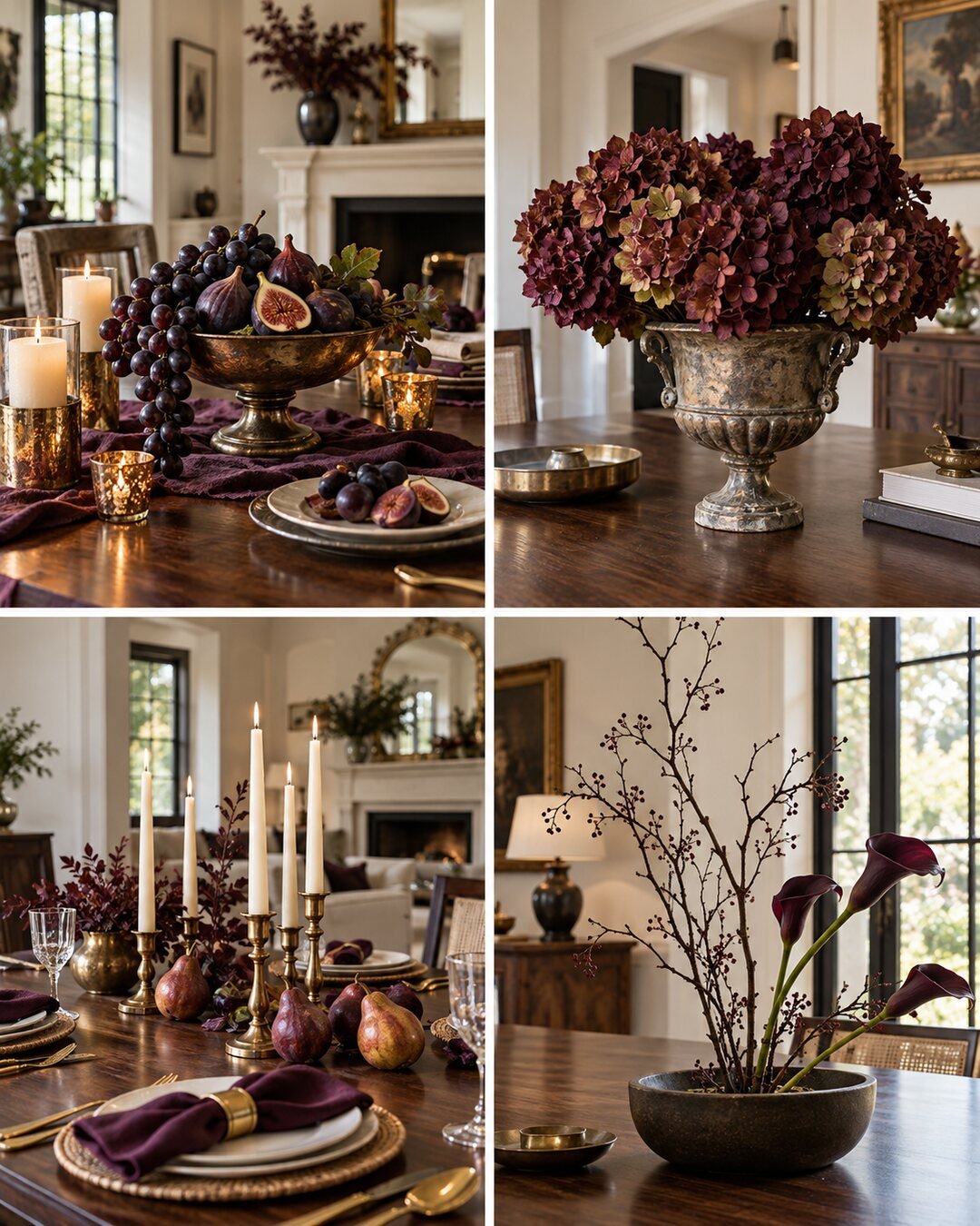 Four affordable luxury fall centerpiece ideas labeled 5 through 8 using fruit, hydrangea, candles and sculptural branches
