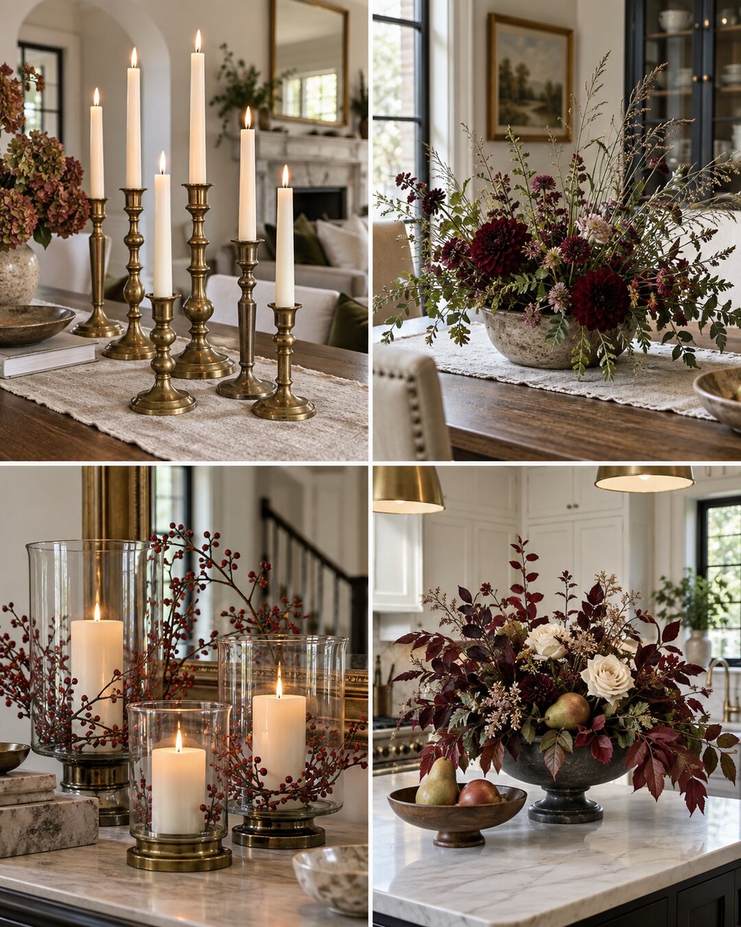 Four fall home décor ideas labeled 9 through 12 using brass candlesticks, meadow flowers, glass hurricanes and a kitchen island arrangement