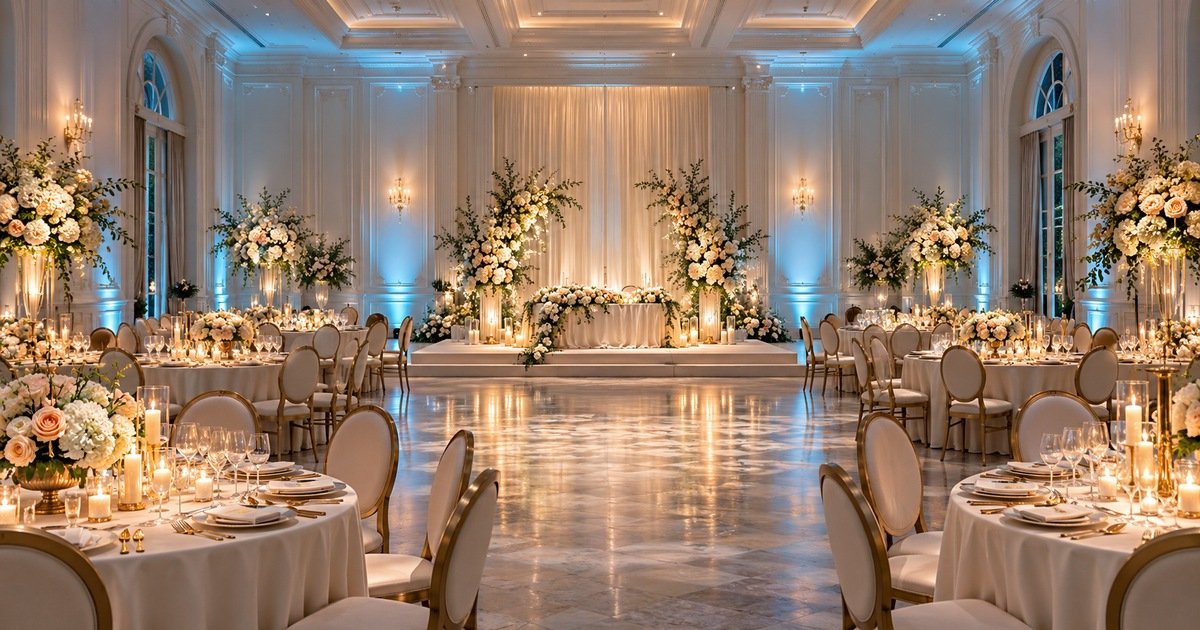 Wedding reception with sea-glass uplighting, champagne candlelight and focused floral lighting
