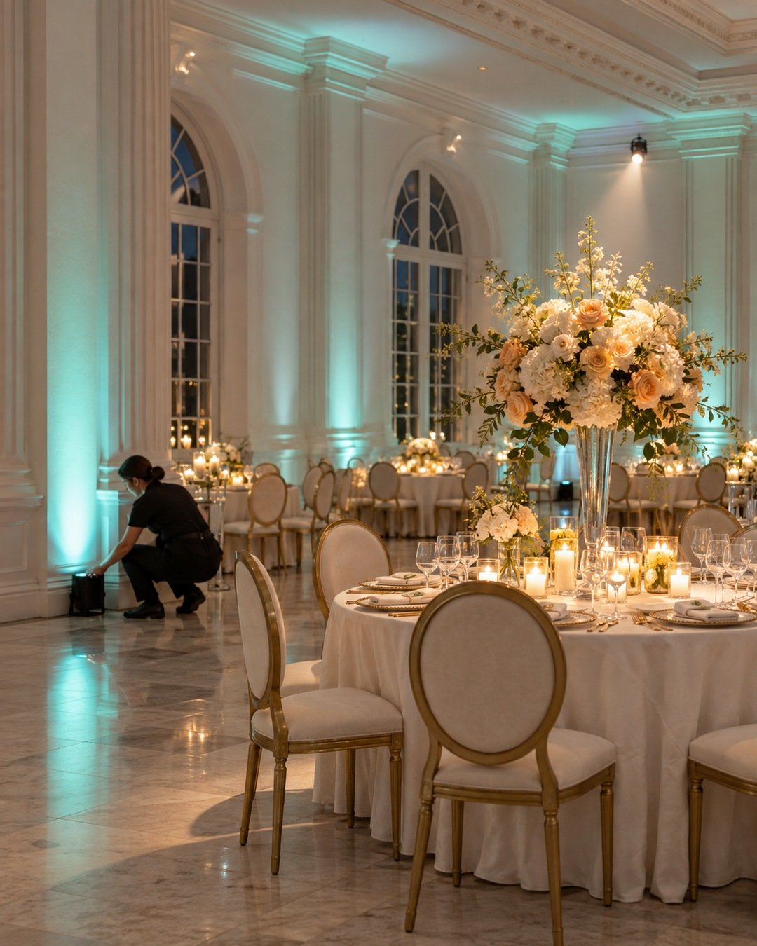 Decorator setting a sea-glass uplight beside a candlelit reception table and pin-spotted centerpiece