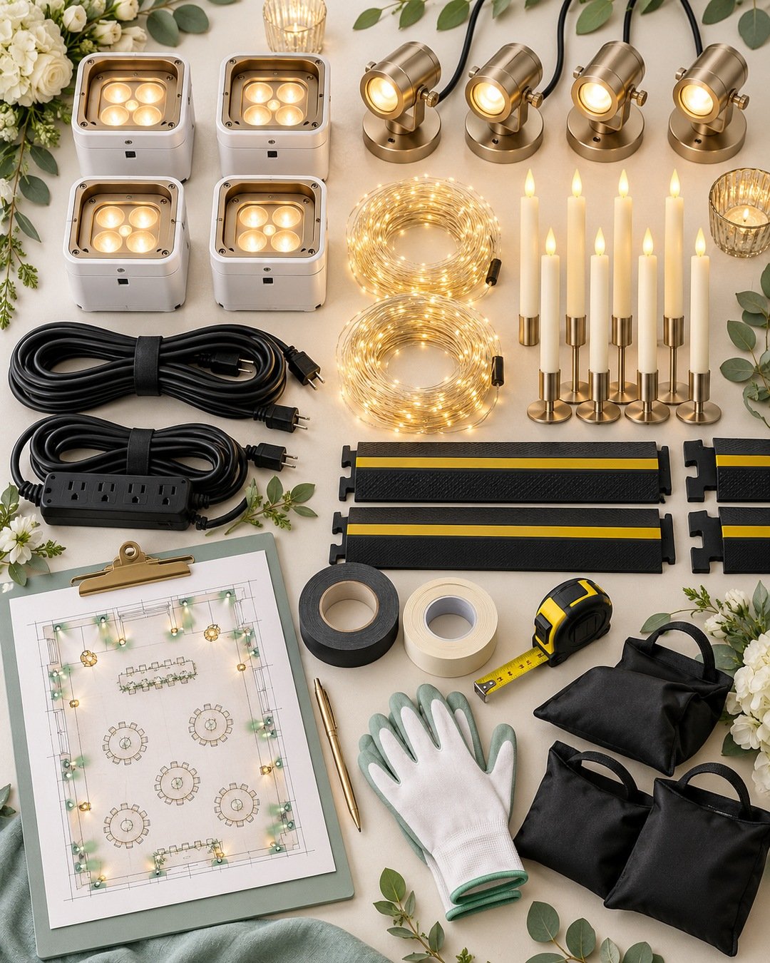 Wedding lighting supplies including uplights, pin spots, flameless candles, cable covers and safety weights