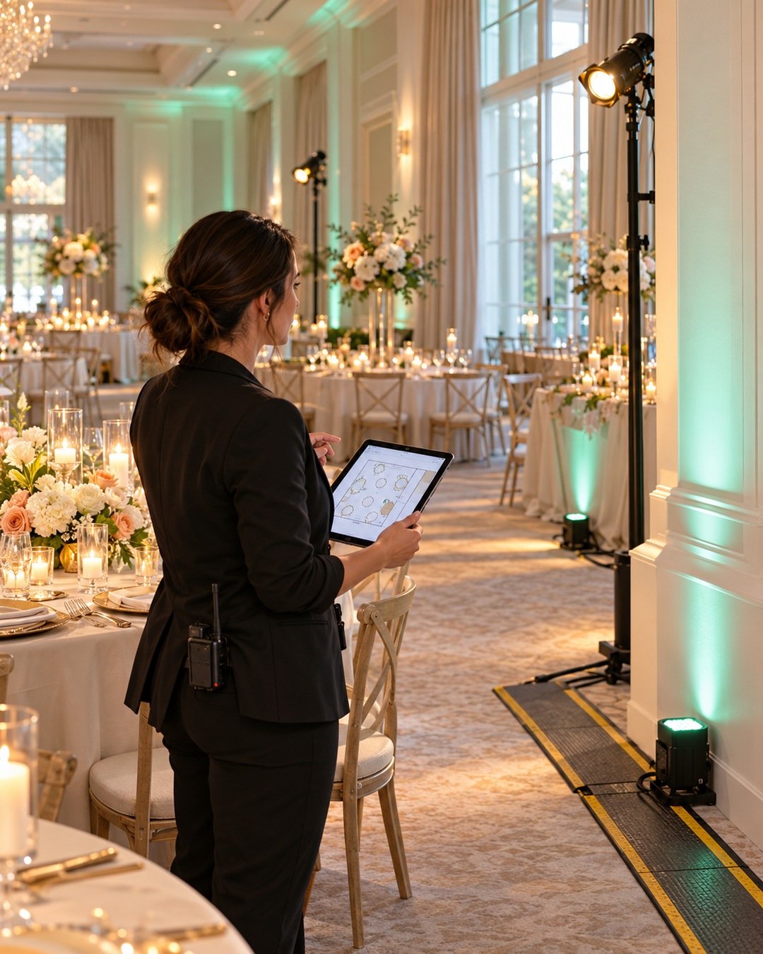 Wedding decorator testing reception lighting with a floor plan while protected cables and uplights are visible