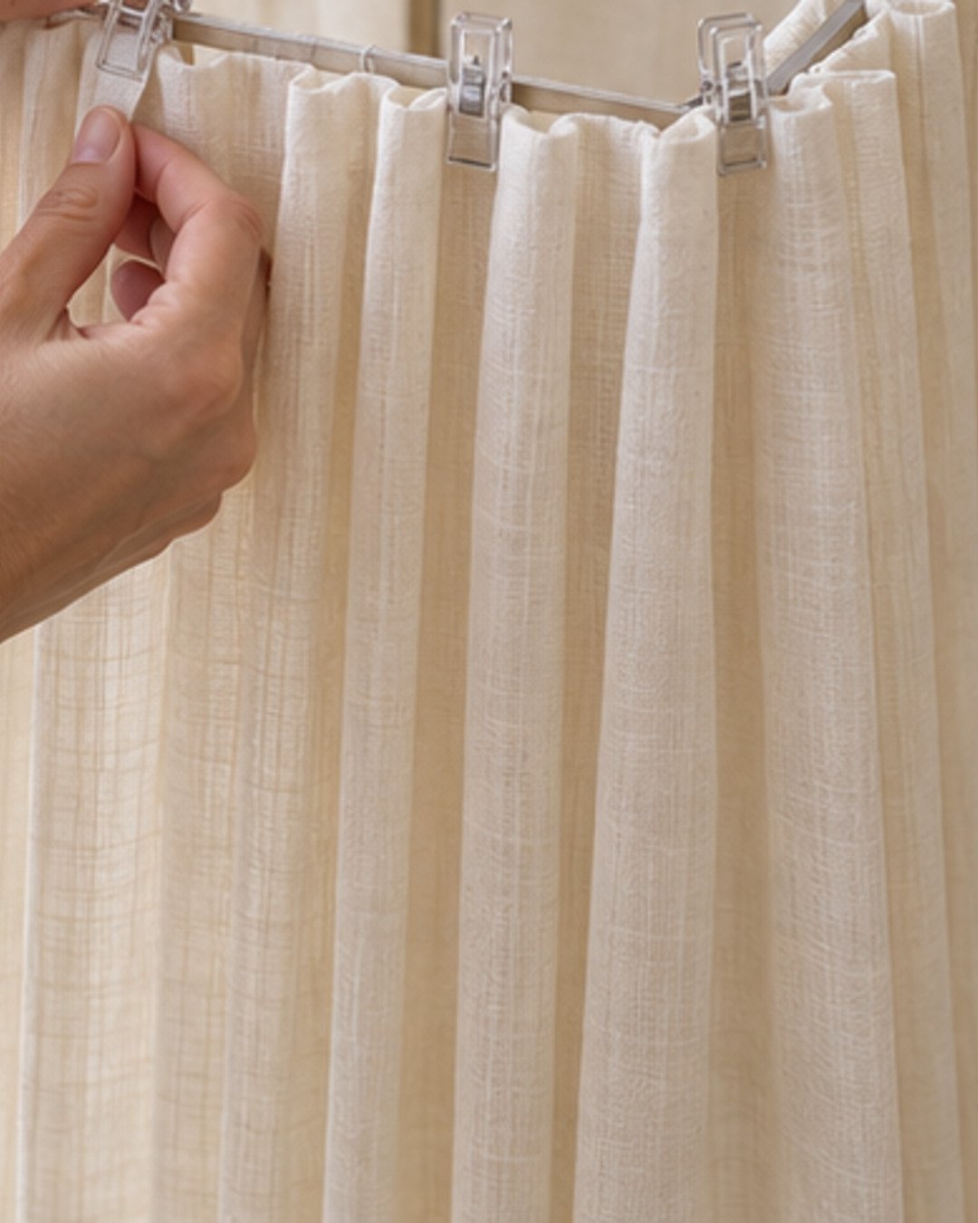 Hands forming even vertical pleats in ivory linen around a lightweight cylindrical lantern frame