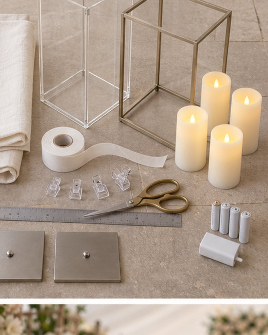 Ivory linen, lightweight lantern frames, clips, measuring tools and warm LED candles arranged for aisle lanterns
