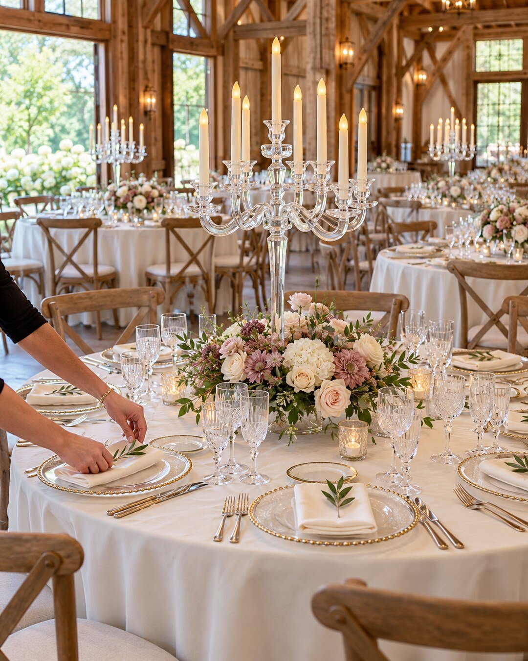 Decorator completing an elegant rustic-barn reception table with gold-trimmed chargers, crystal glassware, low blush florals and a clear candelabra