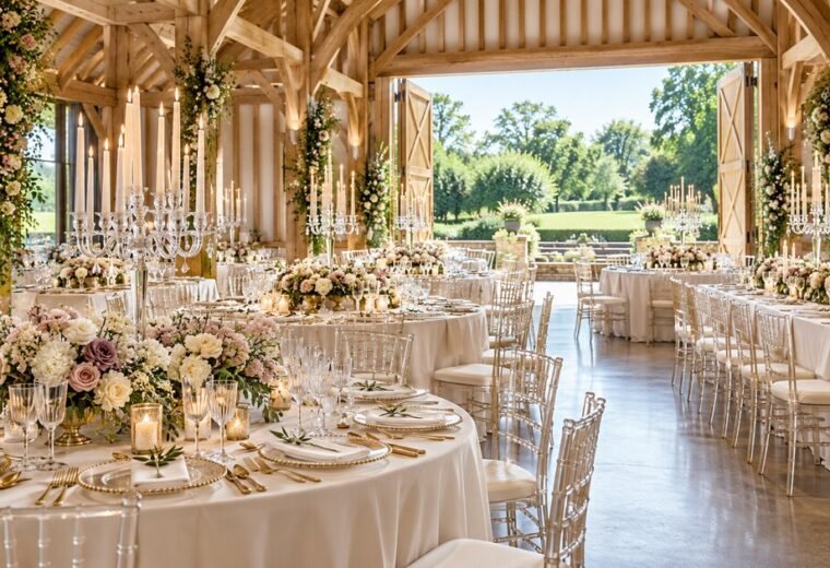 Elegant rustic garden-barn wedding reception with ivory tables, crystal candelabras, blush florals and gold accents